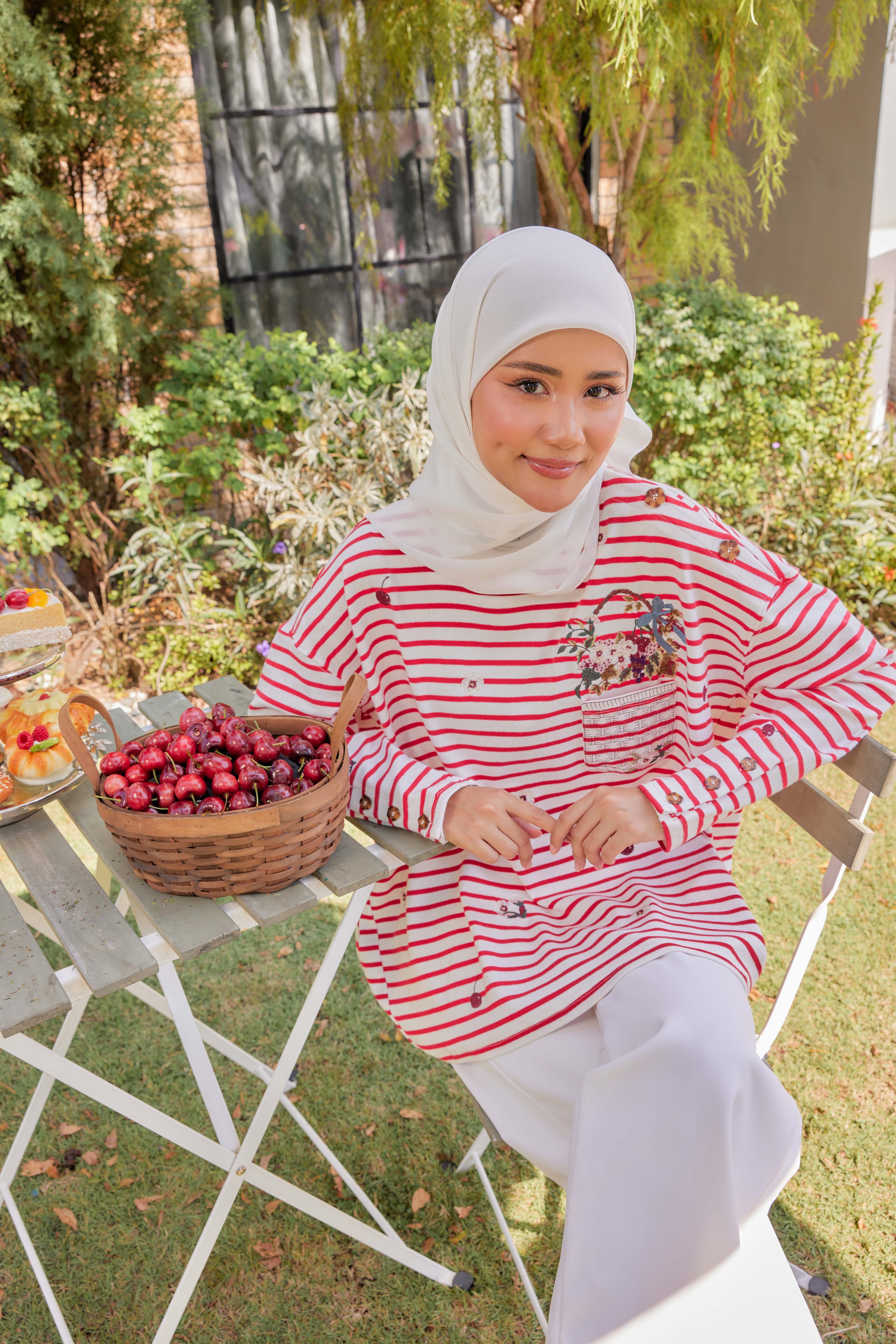 [PREORDER] Fleuriste Embroidered Cotton Tee with Signature Buttons — Cherry  Stripes