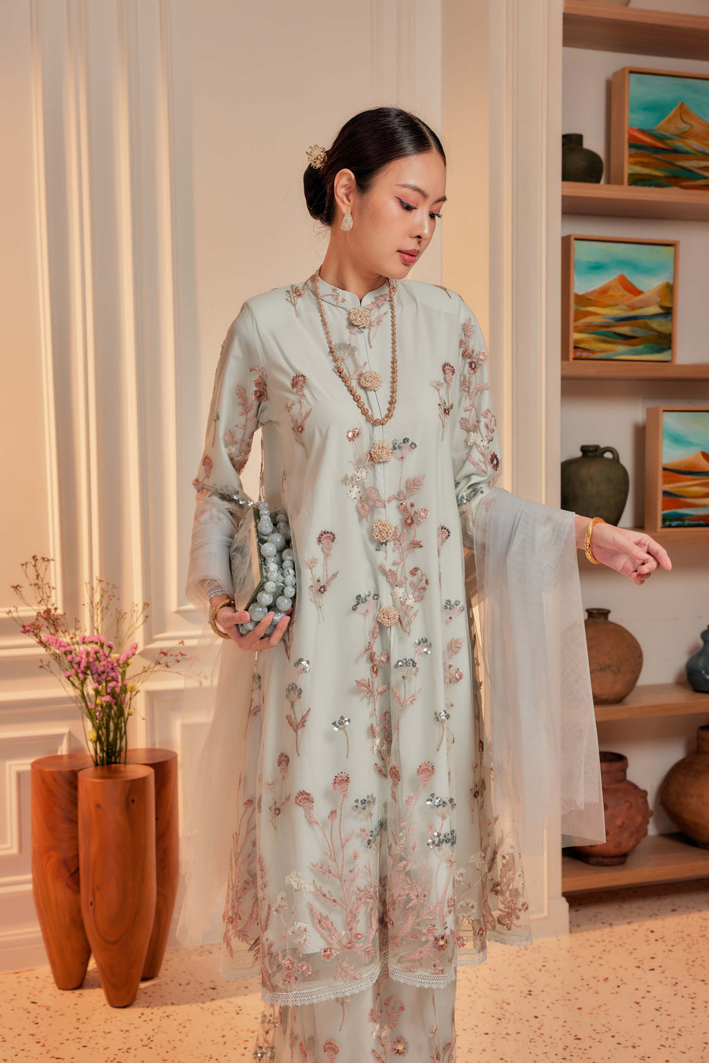 Serene Teal - Dian Embellished Kebarung with Embroidery Lace Trim (Full Lining)