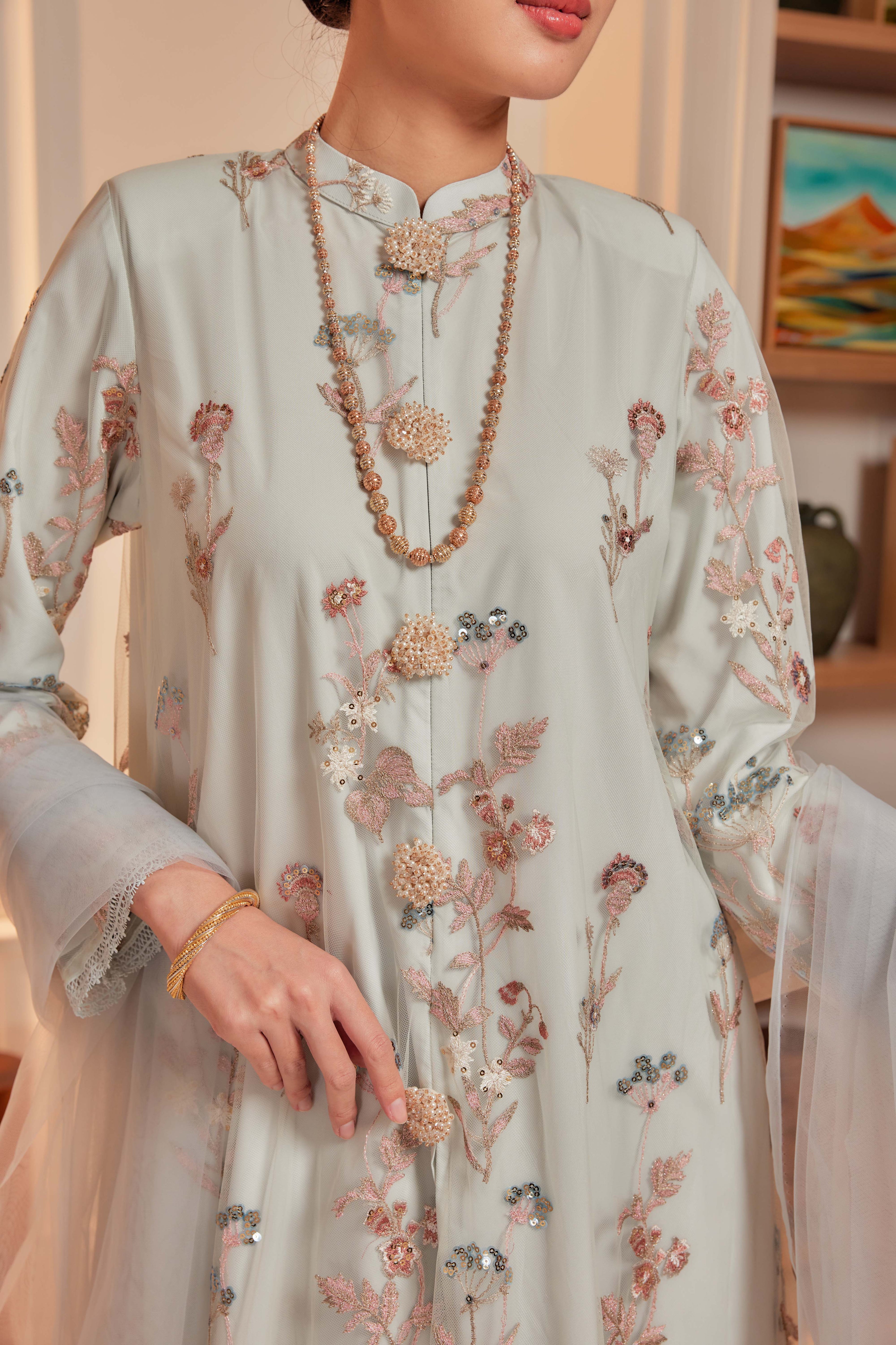 Serene Teal - Dian Embellished Kebarung with Embroidery Lace Trim (Full Lining)