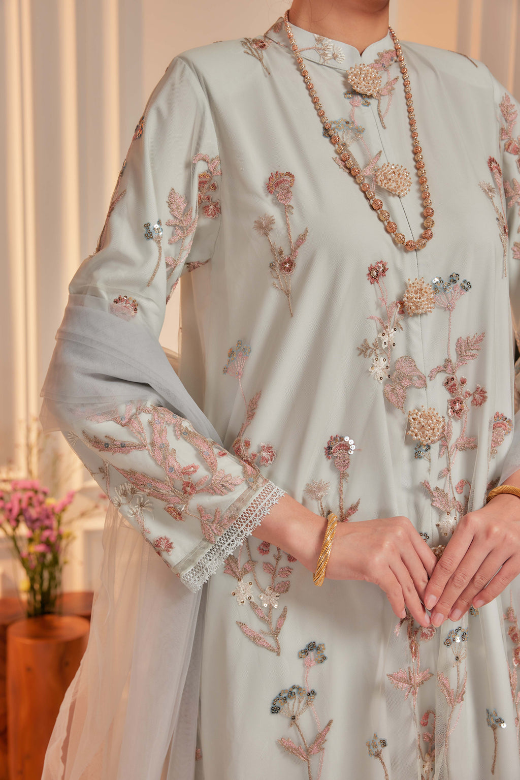 Serene Teal - Dian Embellished Kebarung with Embroidery Lace Trim (Full Lining)