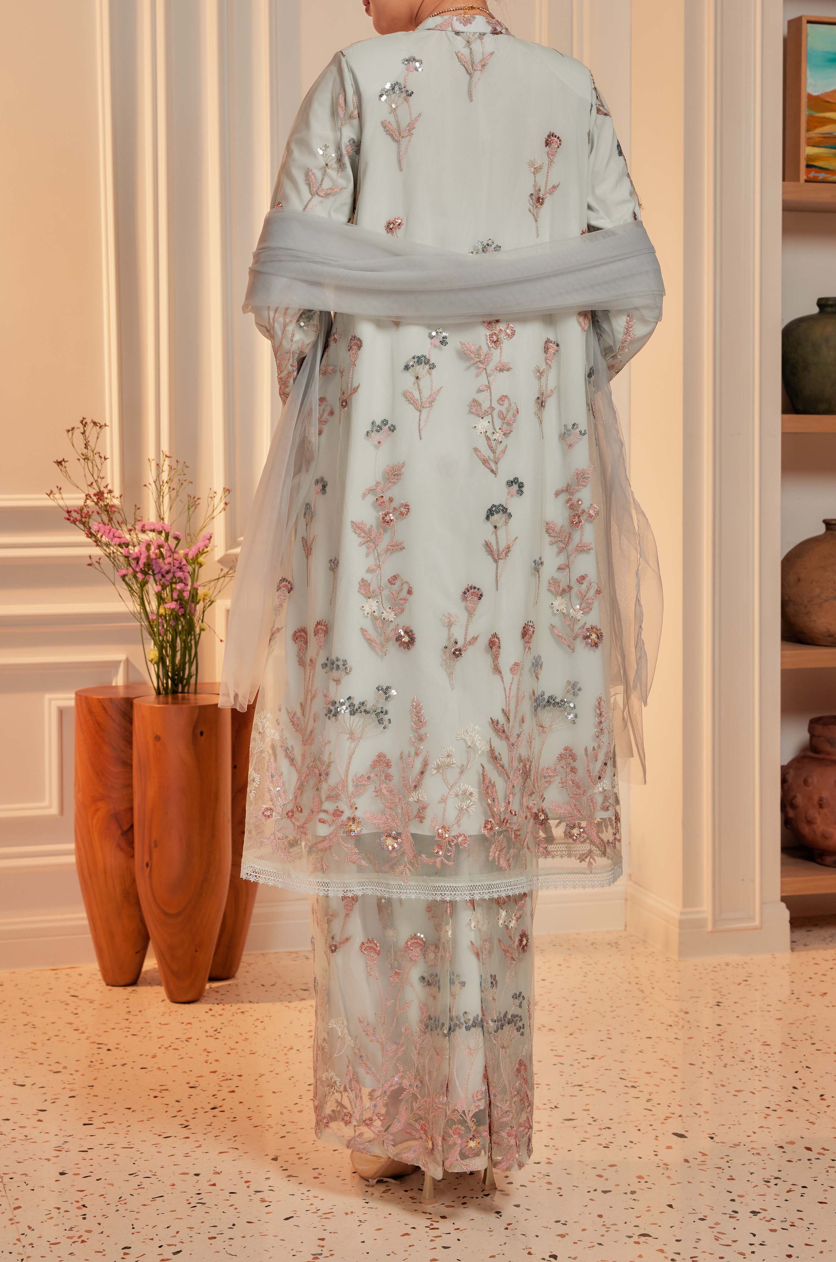 Serene Teal - Dian Embellished Kebarung with Embroidery Lace Trim (Full Lining)