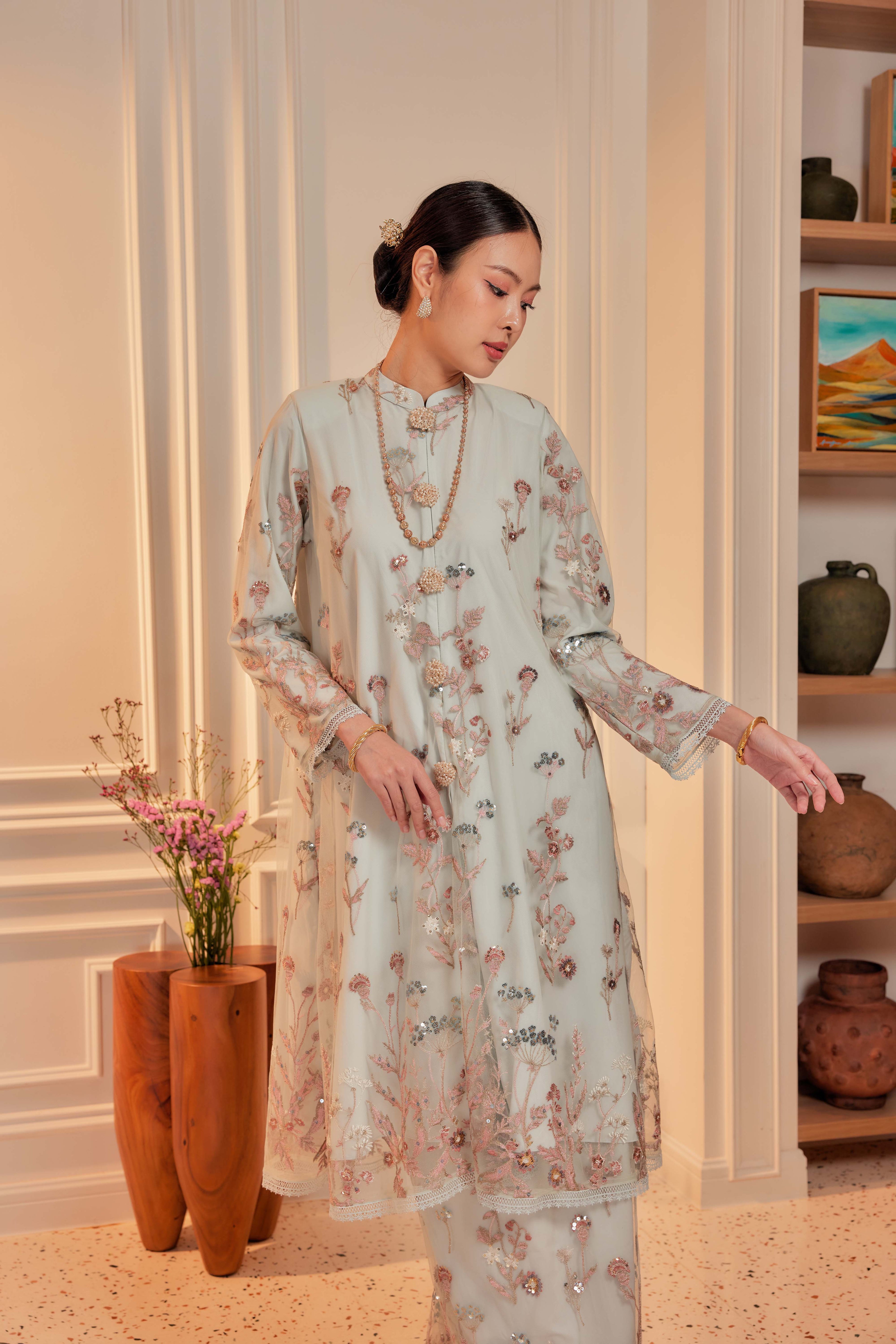 Serene Teal - Dian Embellished Kebarung with Embroidery Lace Trim (Full Lining)