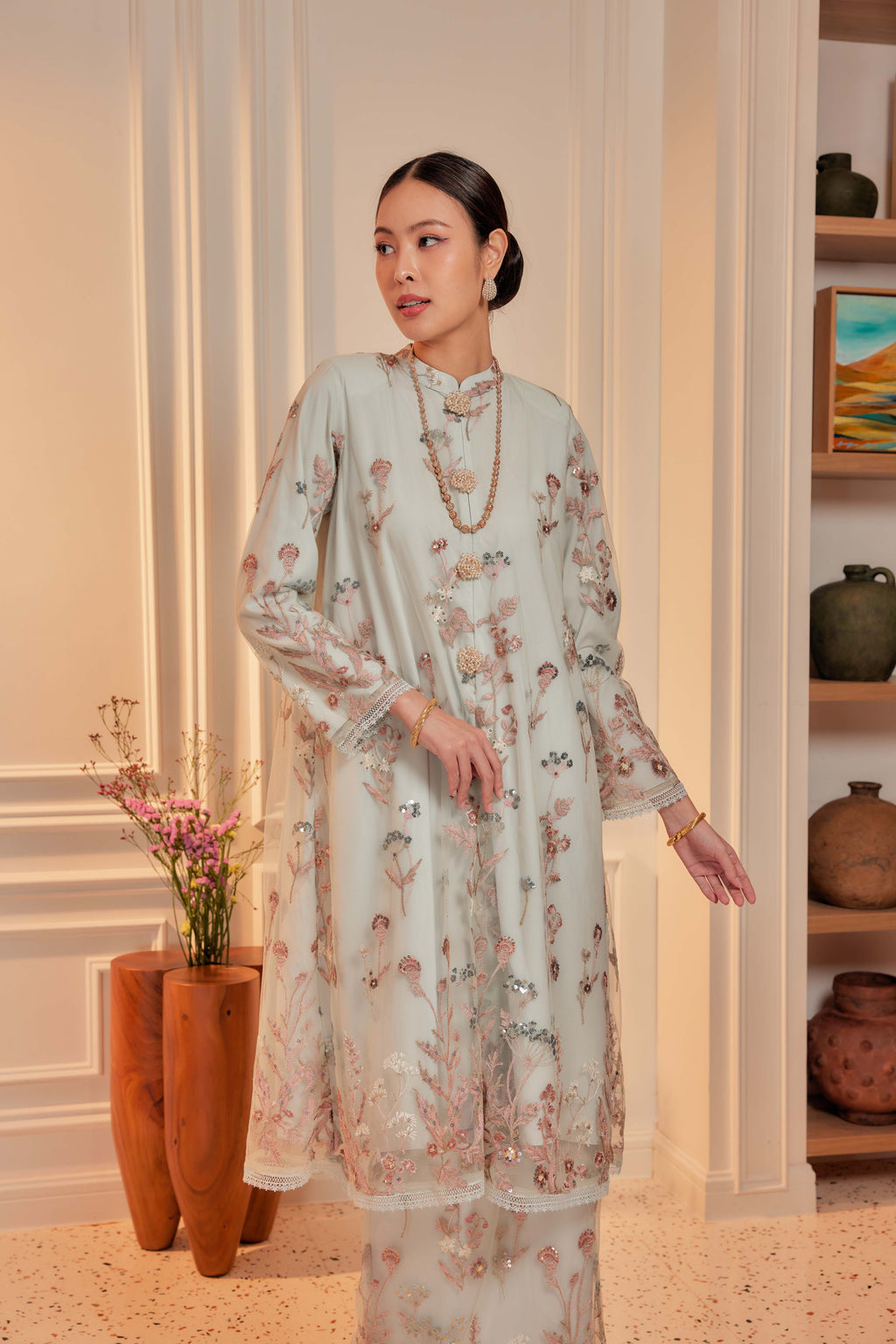 Serene Teal - Dian Embellished Kebarung with Embroidery Lace Trim (Full Lining)