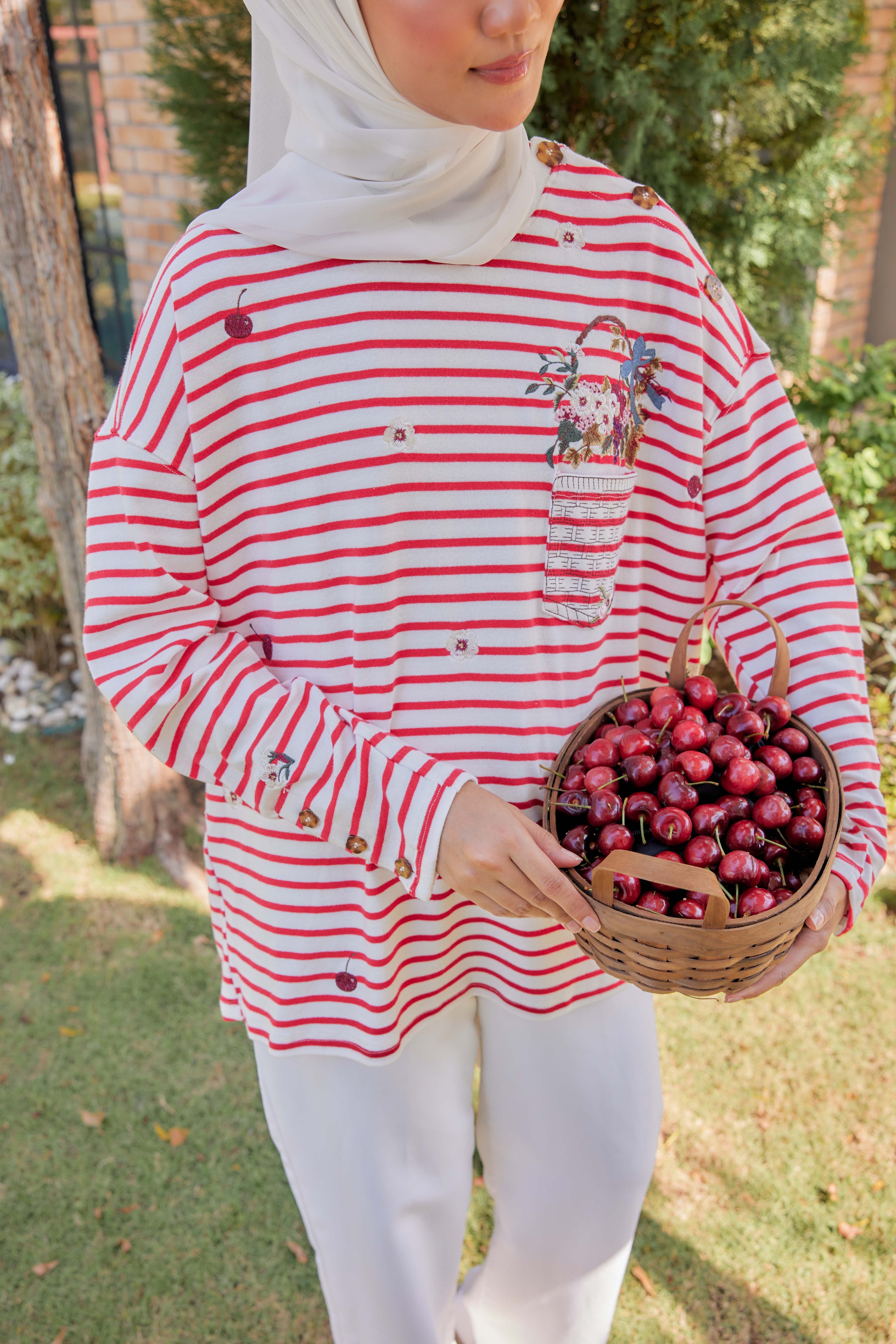 [PREORDER] Fleuriste Embroidered Cotton Tee with Signature Buttons — Cherry  Stripes
