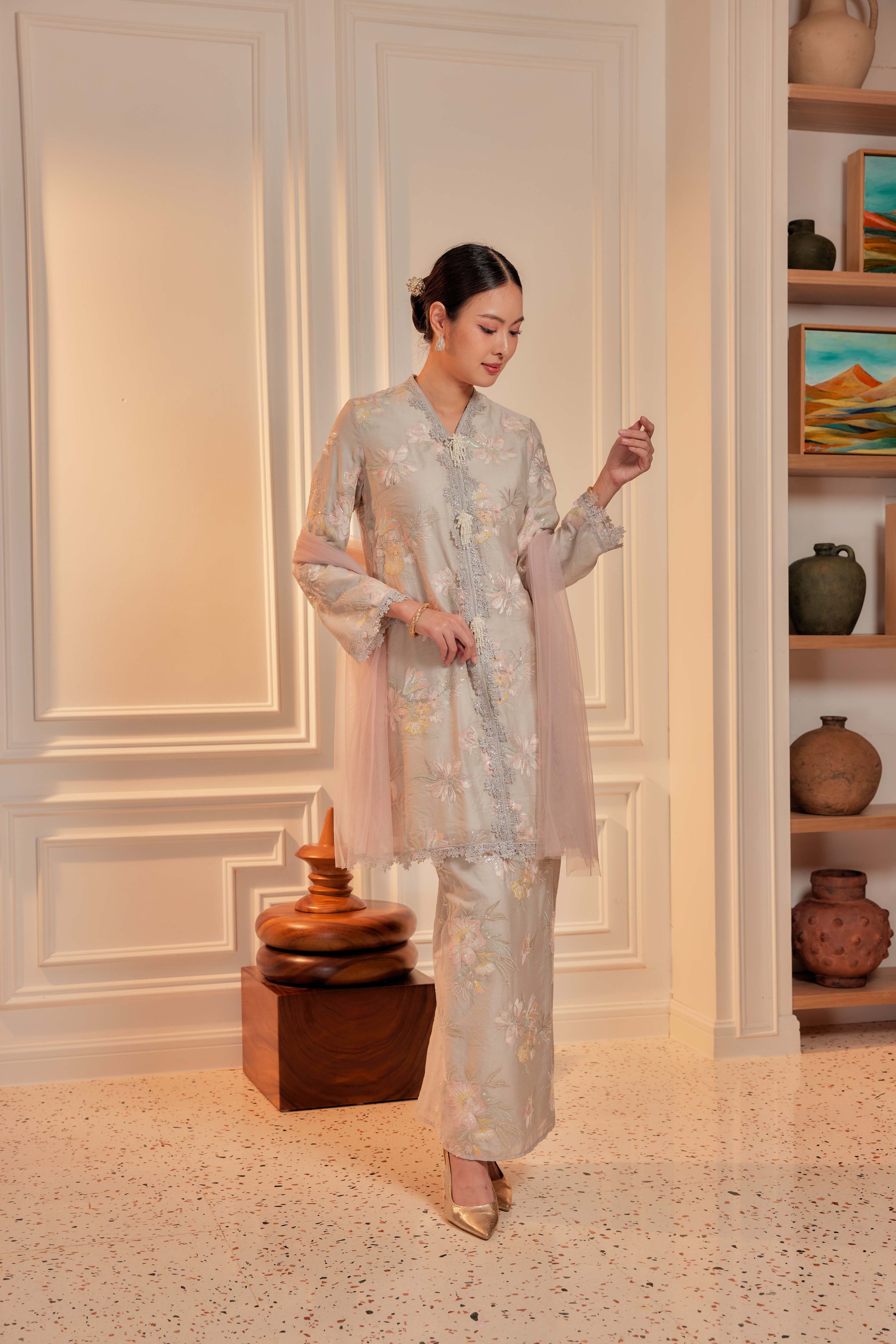 Sage Green - Embun Sulam Kurung with 3-Piece Pearled Brooch Set (Fully Lined)