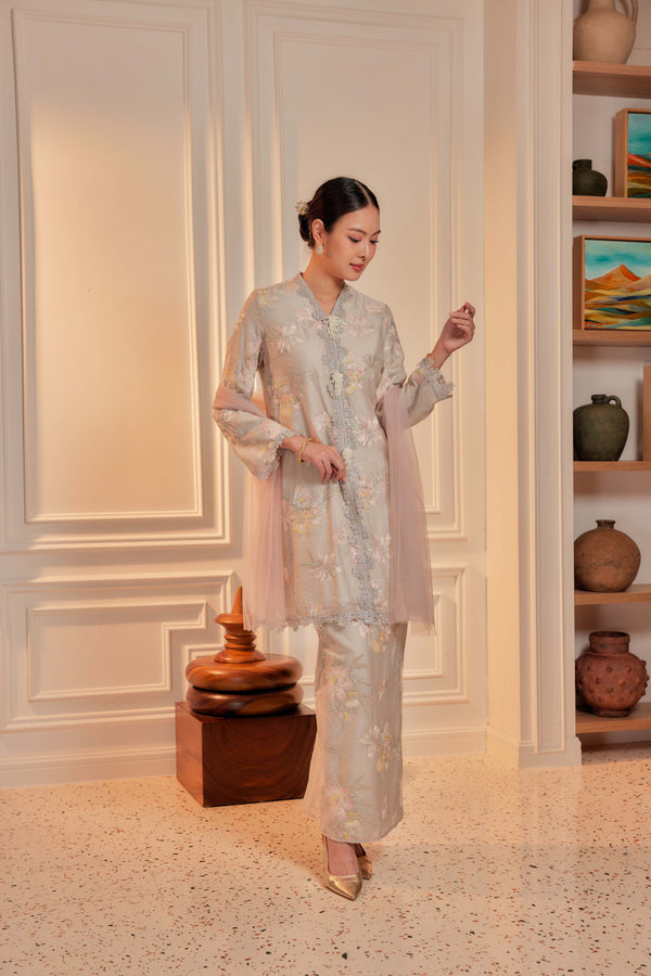 Sage Green - Embun Sulam Kurung with 3-Piece Pearled Brooch Set (Fully Lined)