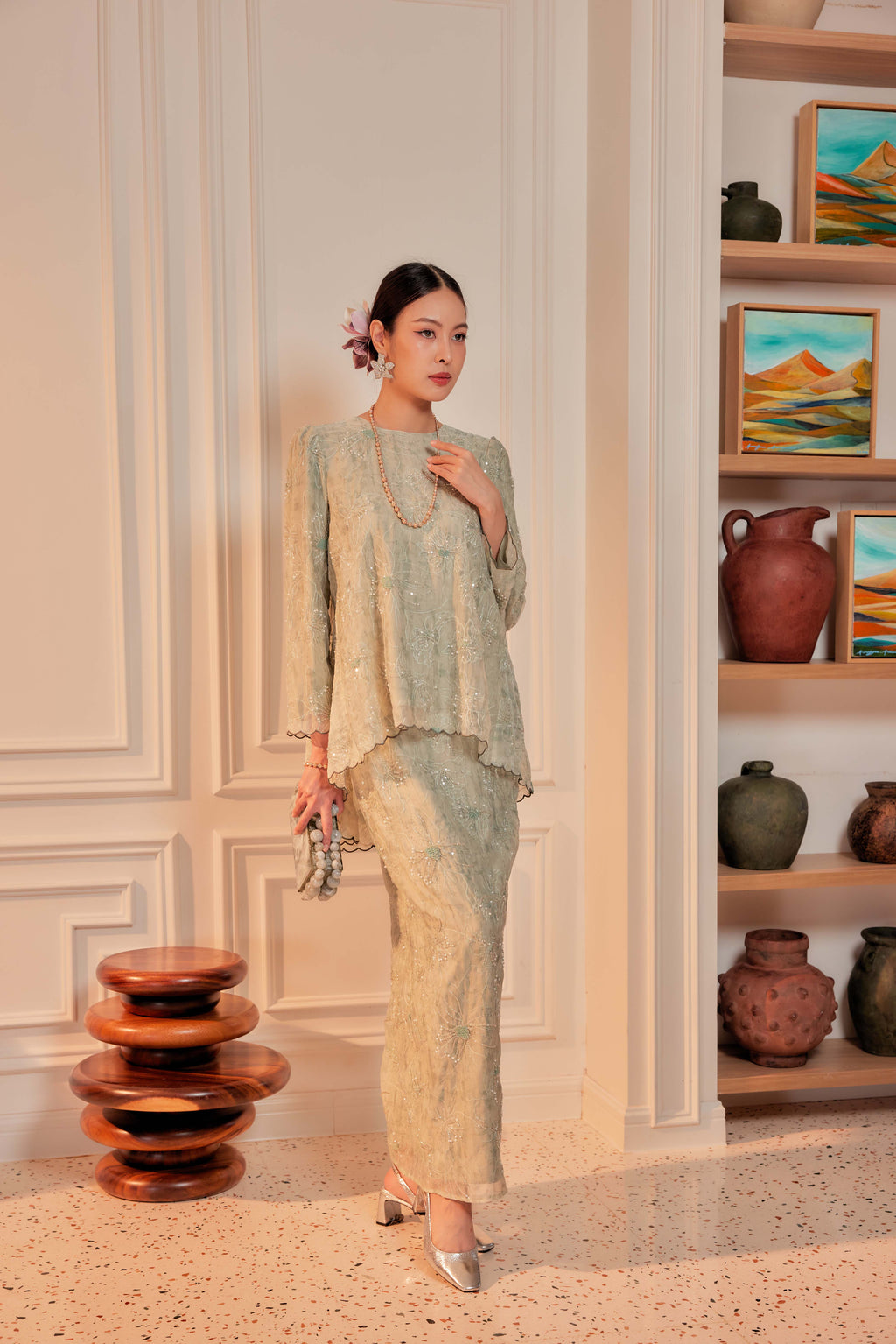 Sage Matcha - Nona Pearl Beaded Embellished Kurung (Fully Lined)