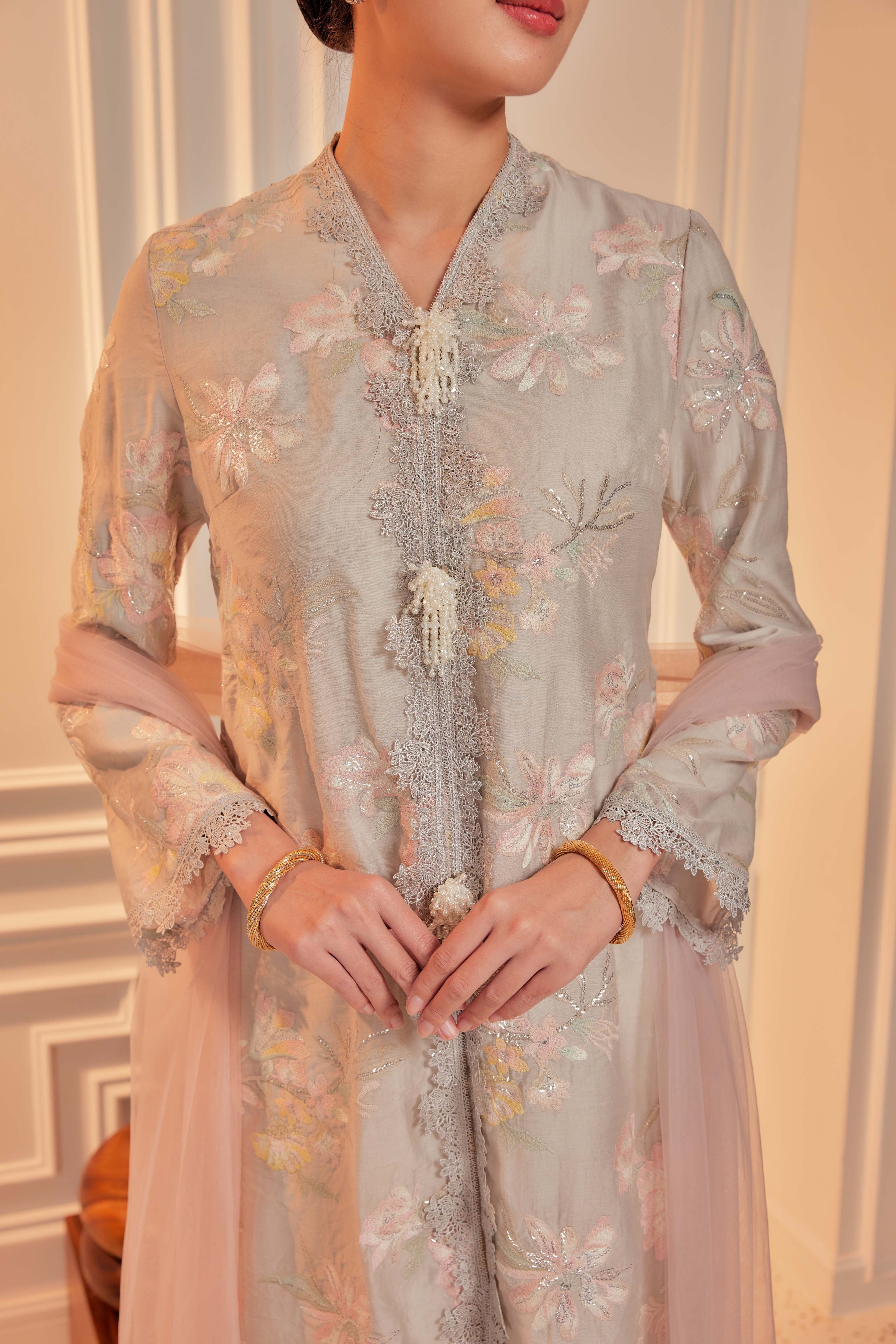 Sage Green - Embun Sulam Kurung with 3-Piece Pearled Brooch Set (Fully Lined)