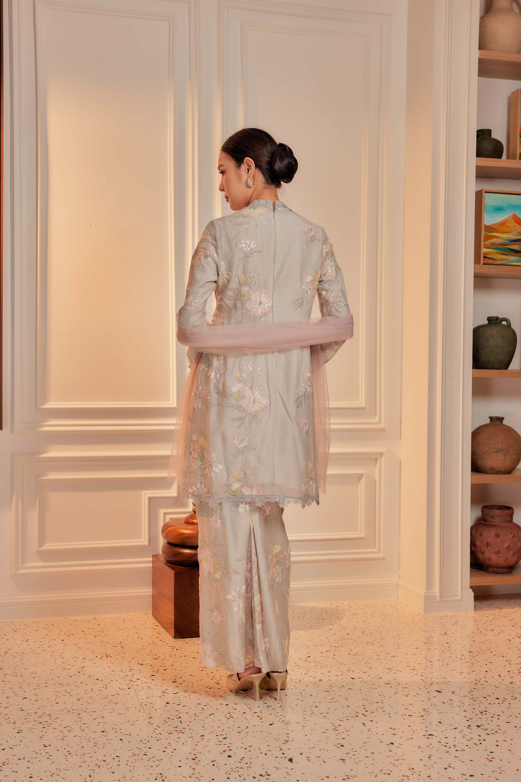 Sage Green - Embun Sulam Kurung with 3-Piece Pearled Brooch Set (Fully Lined)