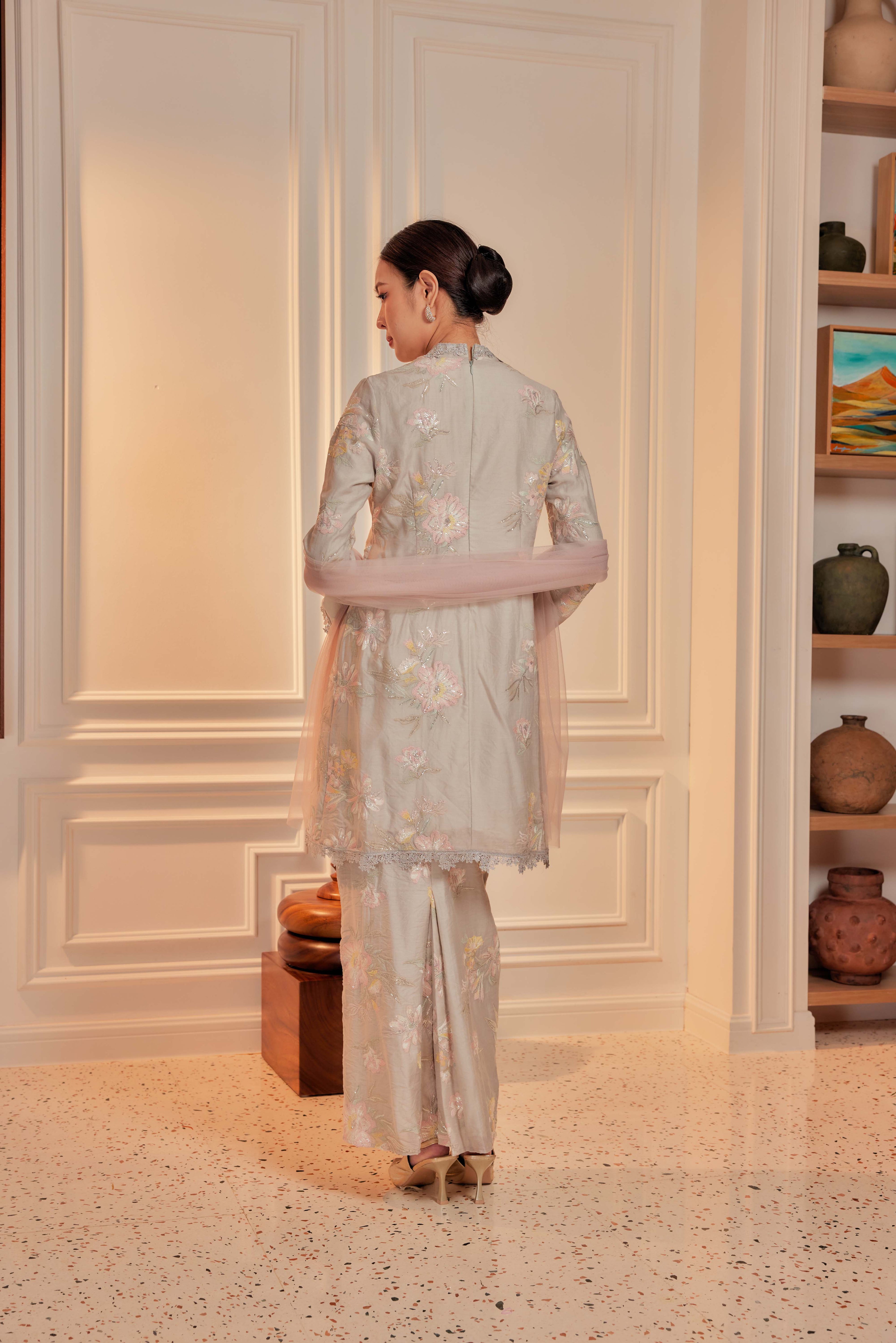 Sage Green - Embun Sulam Kurung with 3-Piece Pearled Brooch Set (Fully Lined)