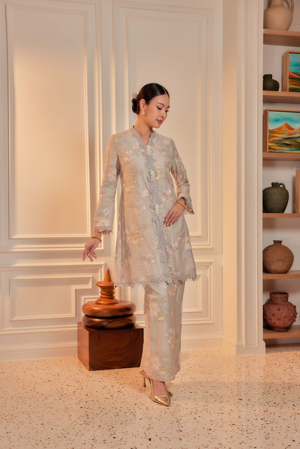 Sage Green - Embun Sulam Kurung with 3-Piece Pearled Brooch Set (Fully Lined)