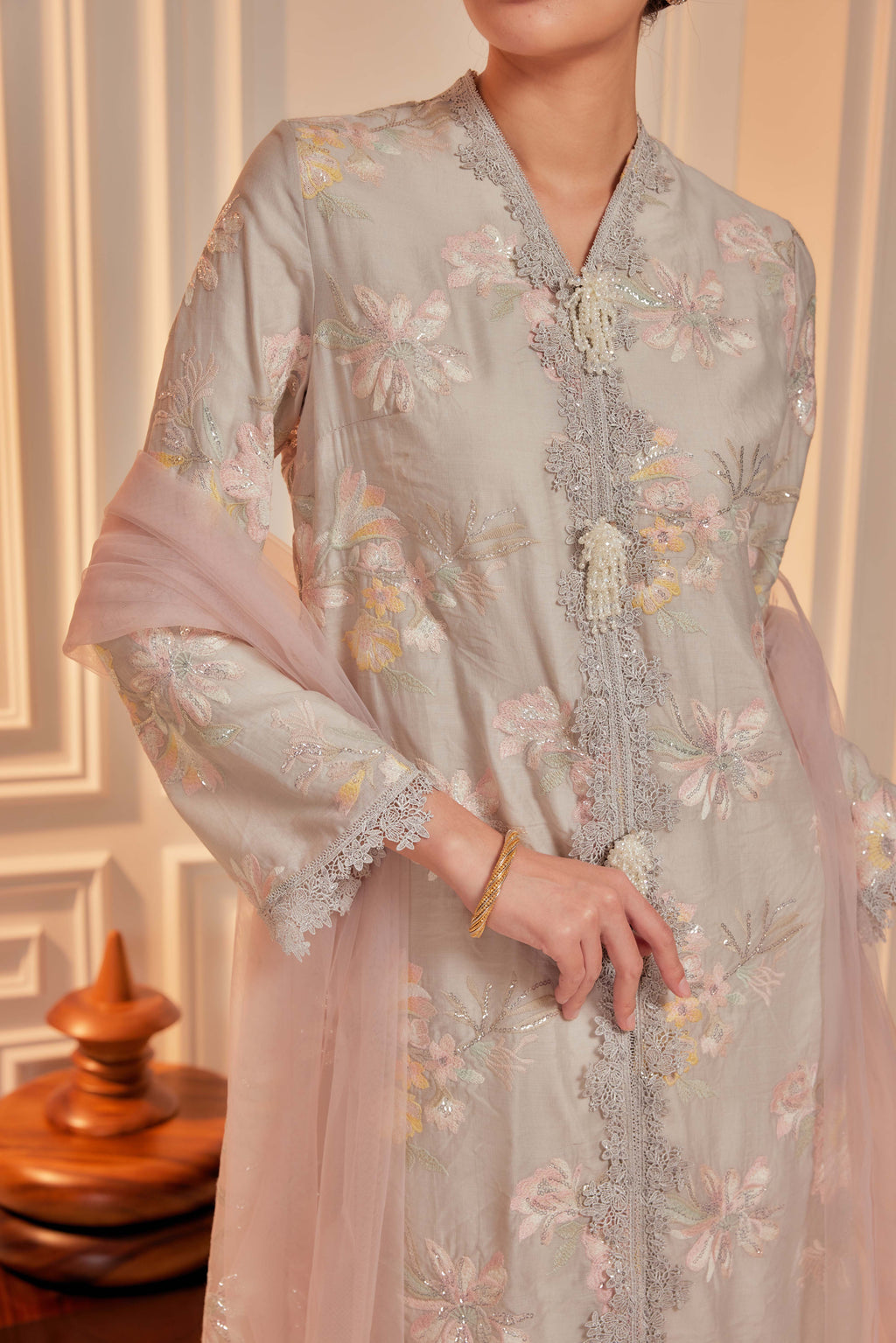 Sage Green - Embun Sulam Kurung with 3-Piece Pearled Brooch Set (Fully Lined)