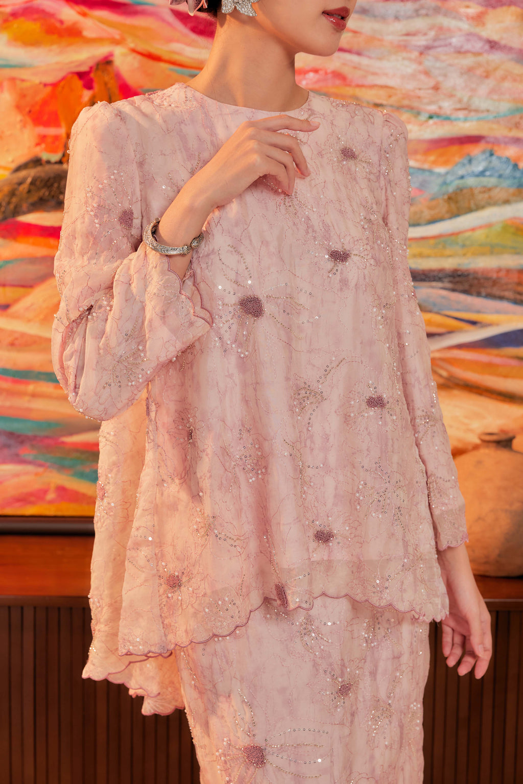 Cotton Candy - Nona Pearl Beaded Embellished Kurung (Fully Lined)