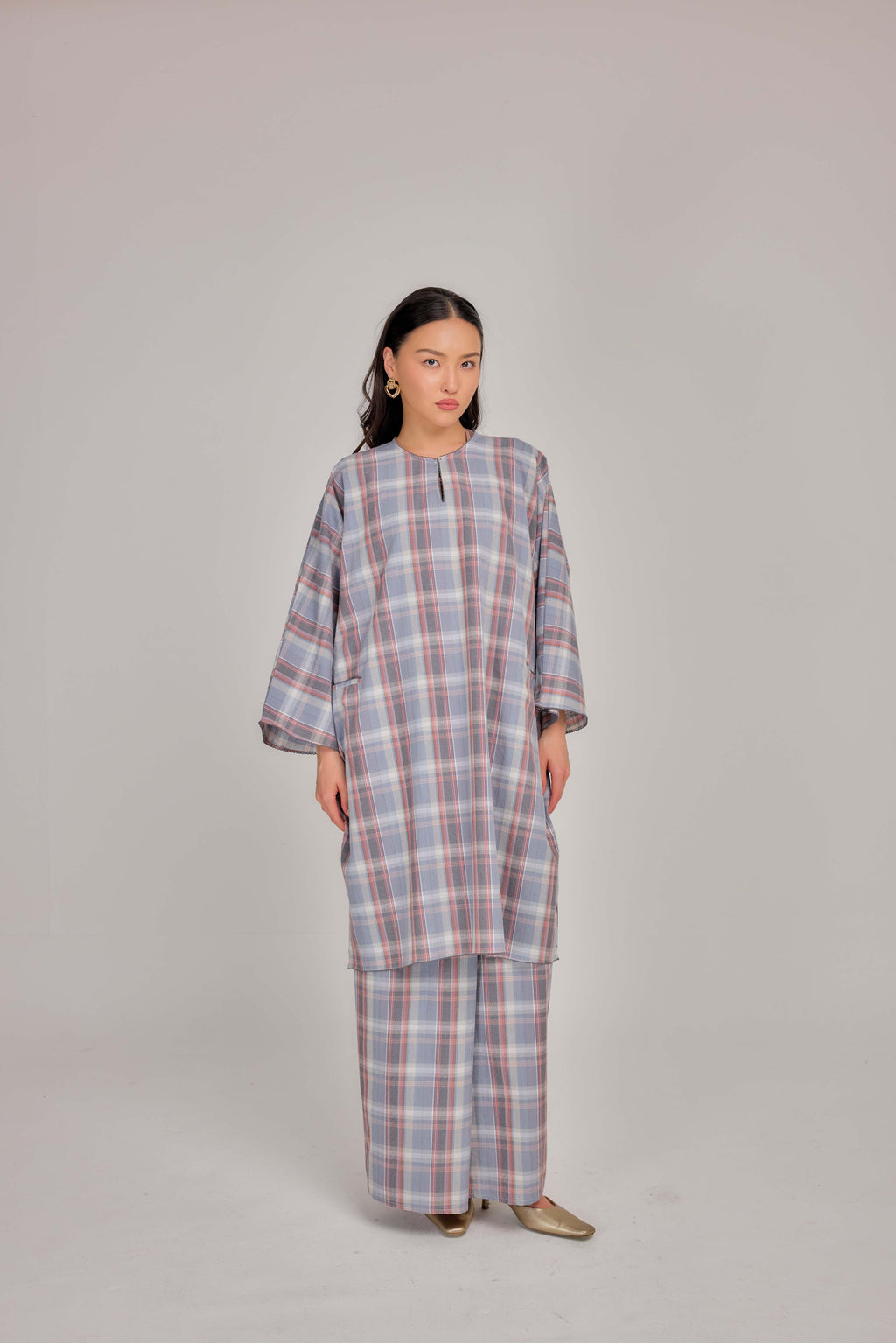 02 -  Ash Blue Rose - Relaxed Plaid Cotton Two-Piece Set