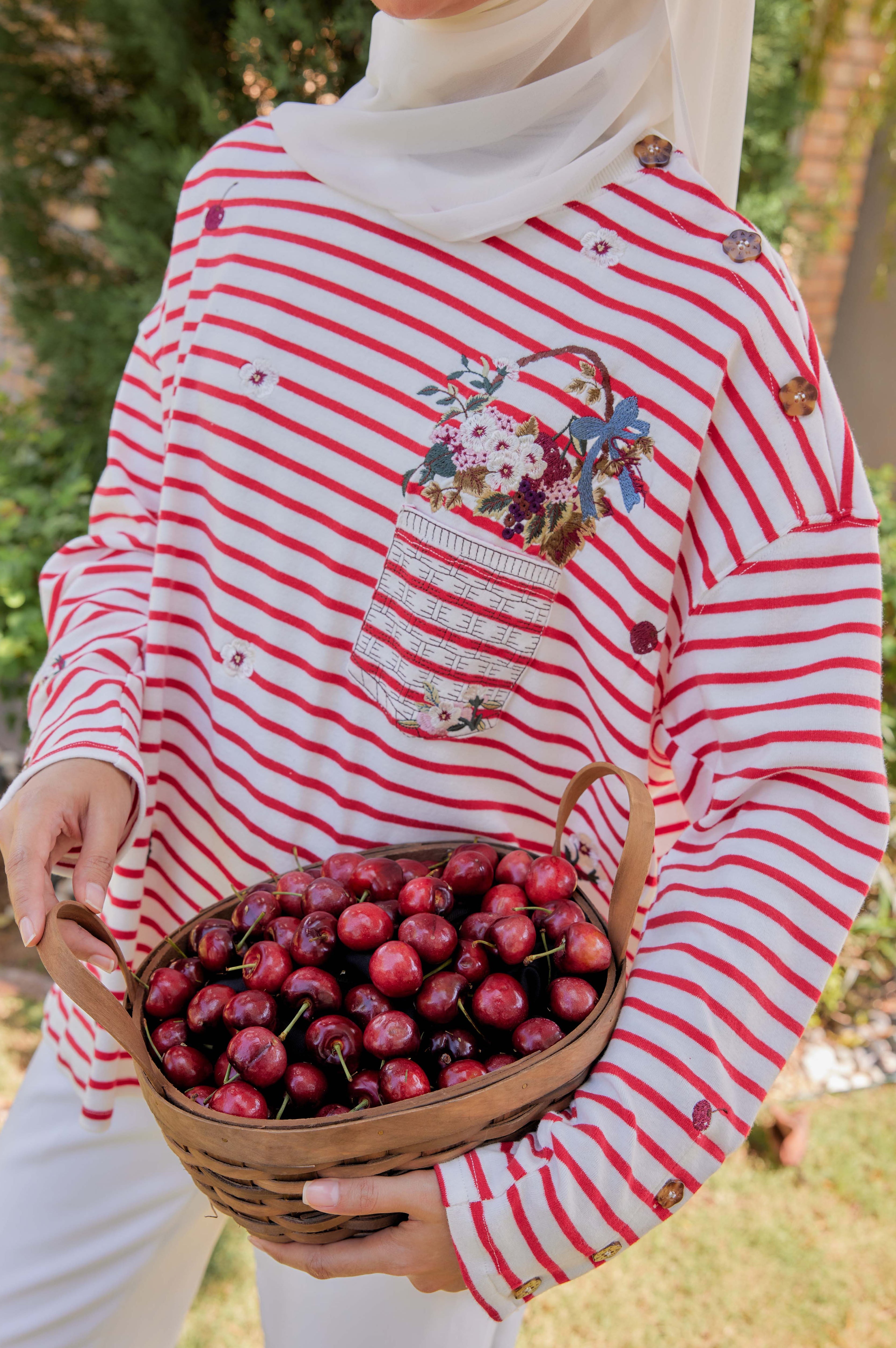 [PREORDER] Fleuriste Embroidered Cotton Tee with Signature Buttons — Cherry  Stripes