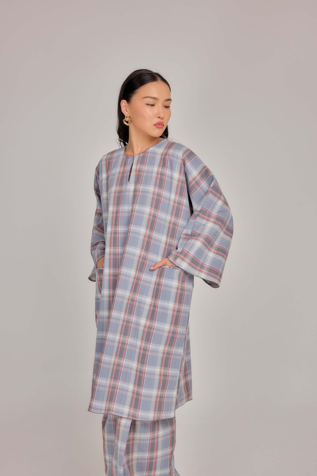 02 -  Ash Blue Rose - Relaxed Plaid Cotton Two-Piece Set