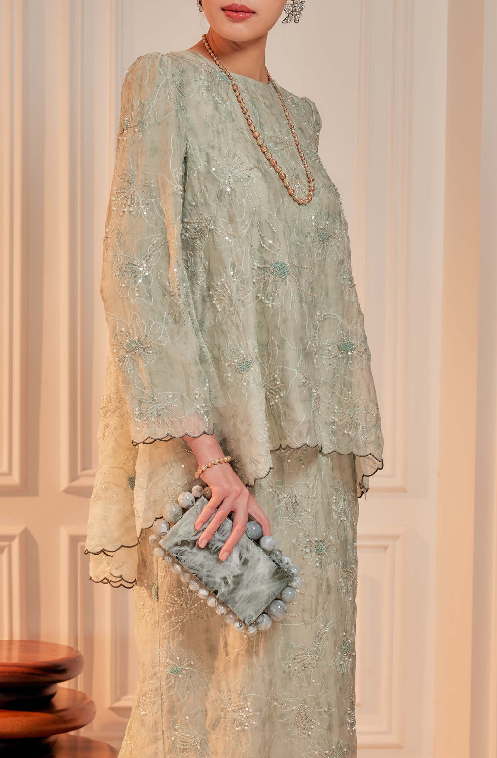 Sage Matcha - Nona Pearl Beaded Embellished Kurung (Fully Lined)