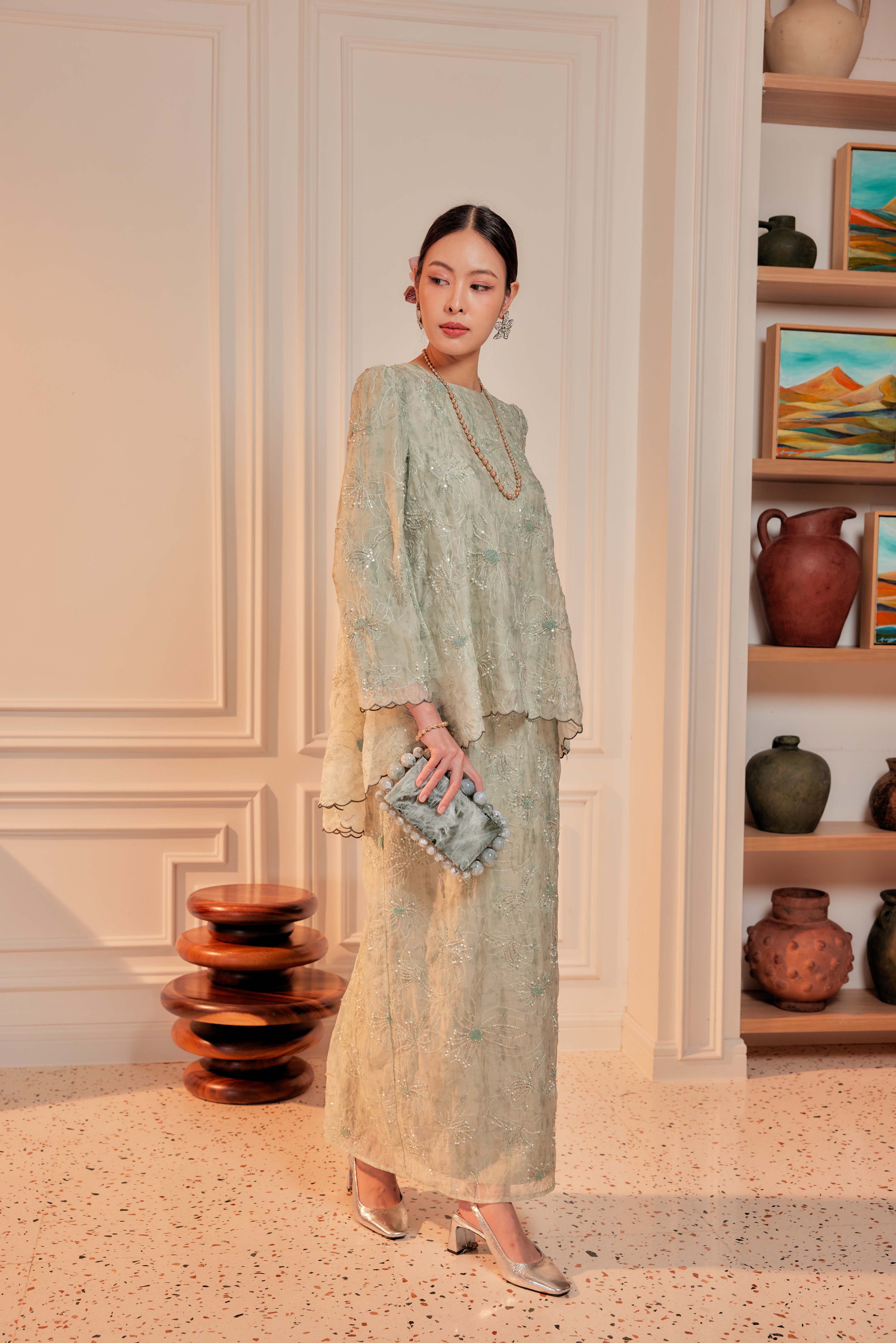 Sage Matcha - Nona Pearl Beaded Embellished Kurung (Fully Lined)
