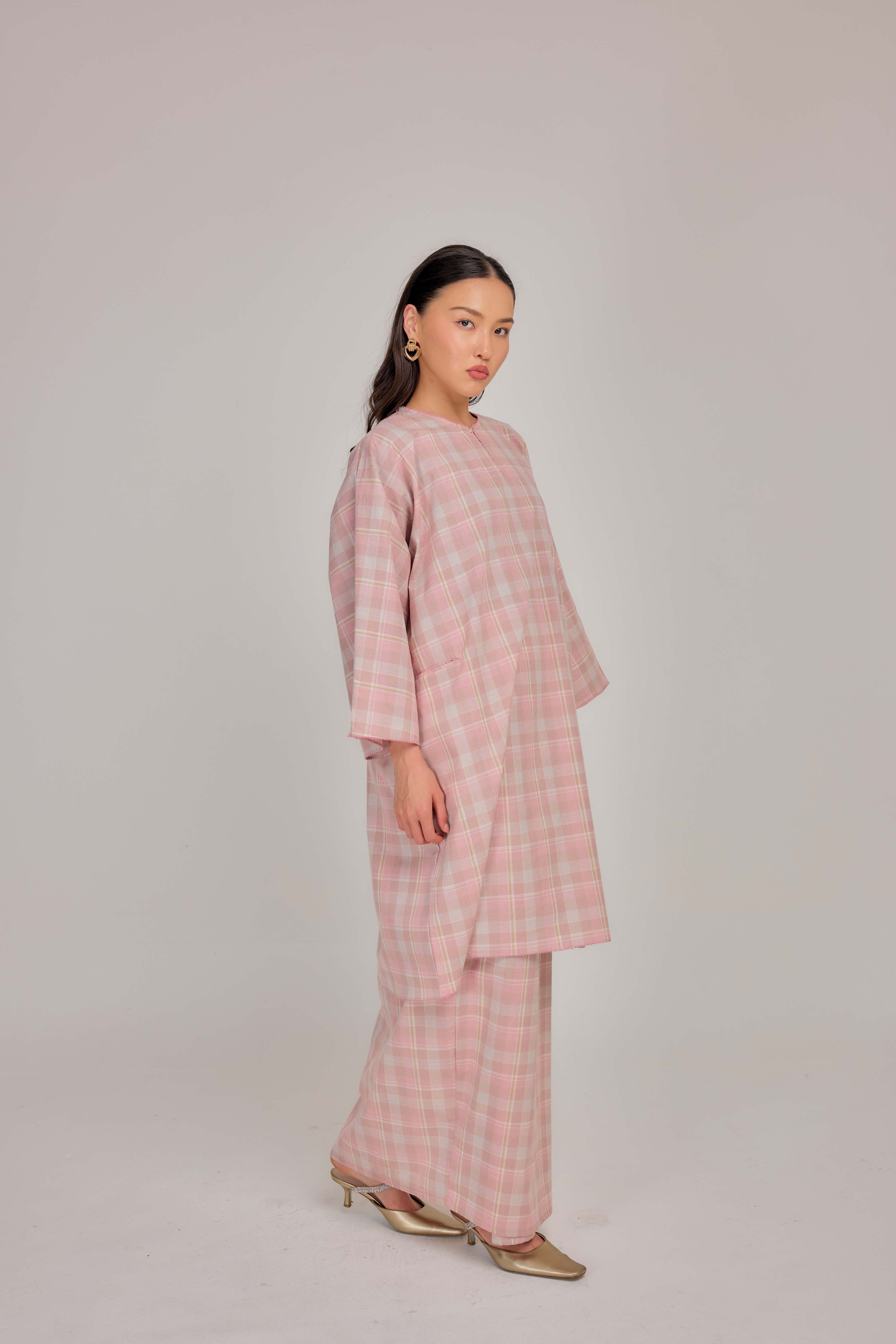 01 - Pink Nougat - Relaxed Plaid Cotton Two-Piece Set
