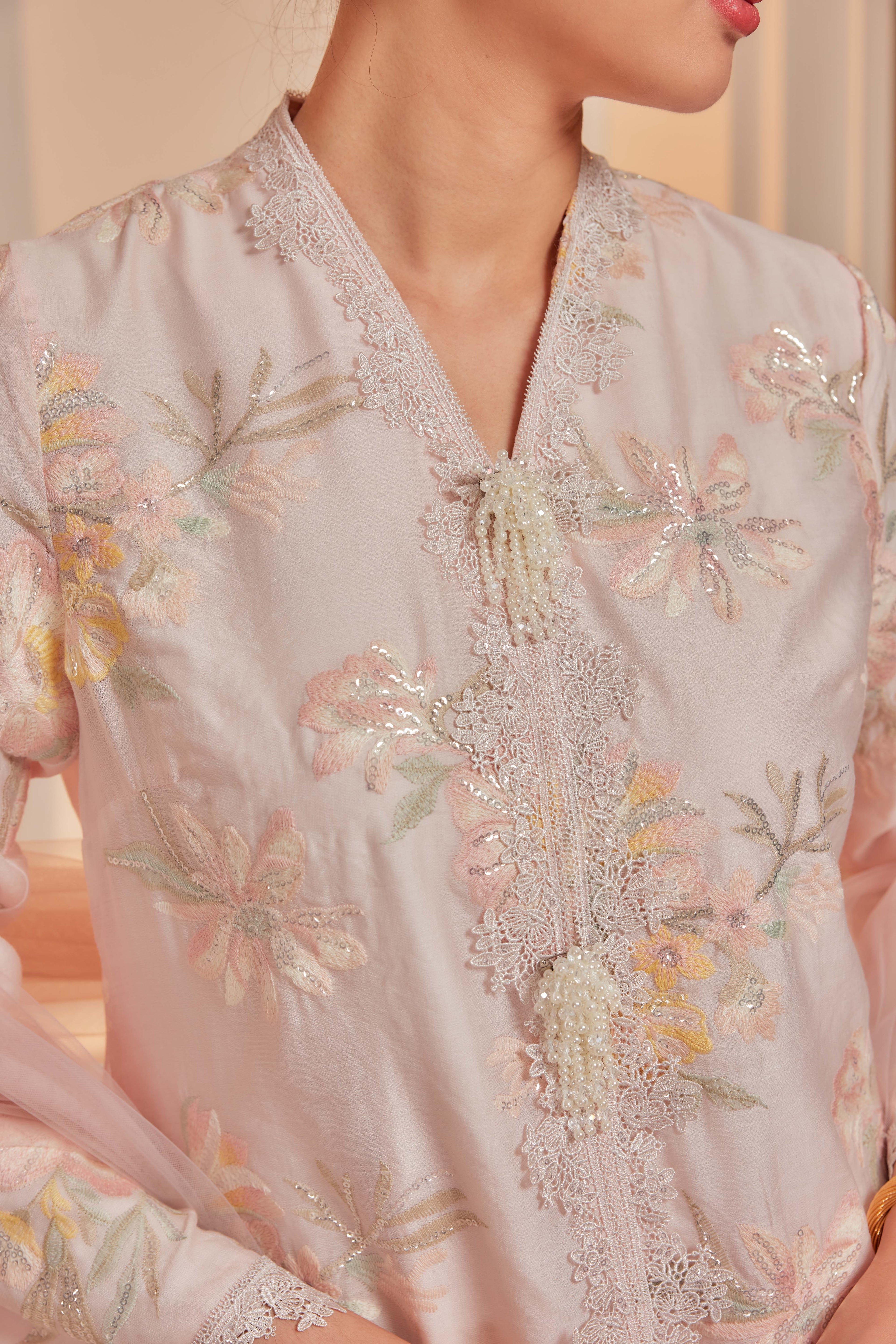 Ballerina Pink - Embun Sulam Kurung with 3-Piece Pearled Brooch Set (Fully Lined)