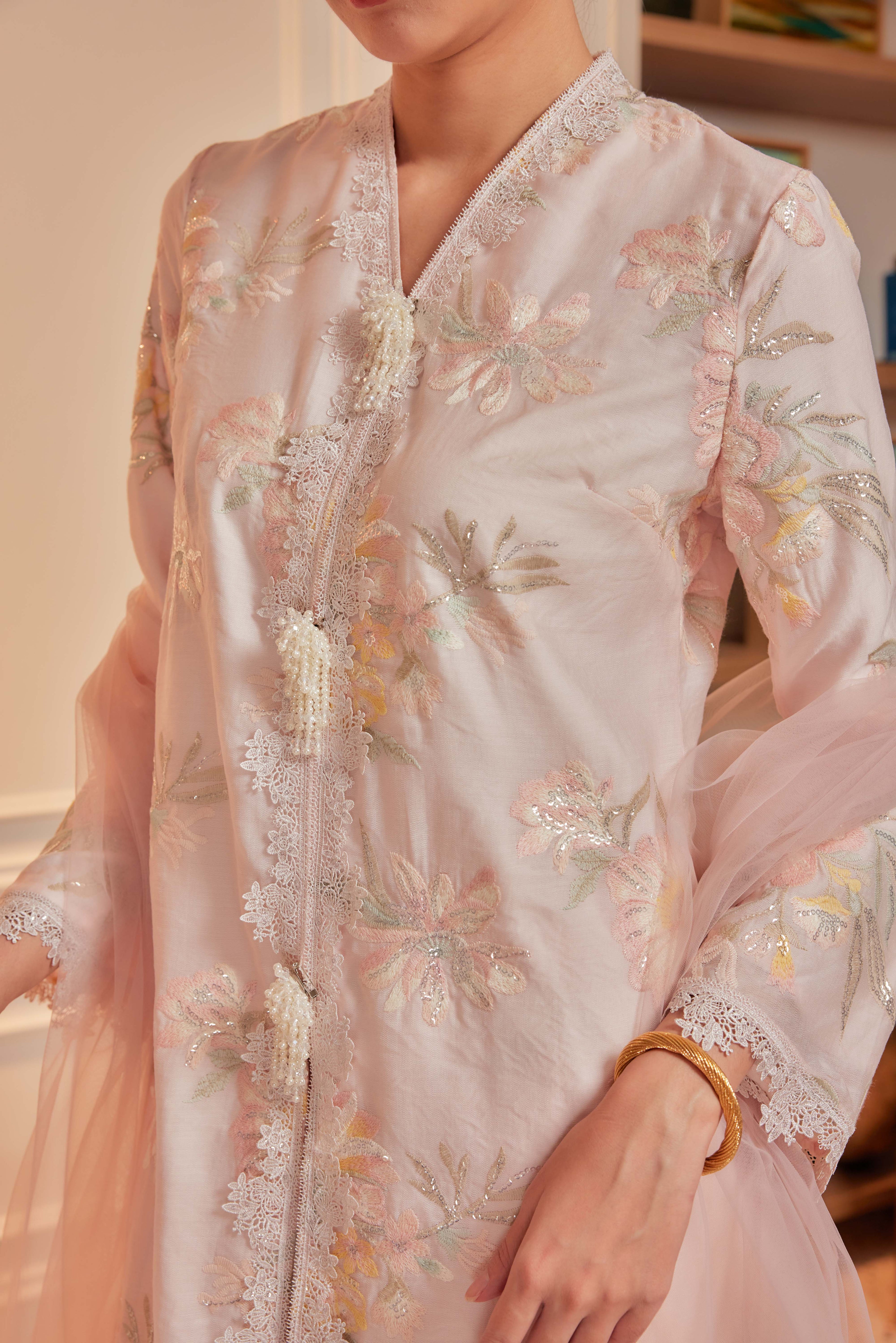 Ballerina Pink - Embun Sulam Kurung with 3-Piece Pearled Brooch Set (Fully Lined)