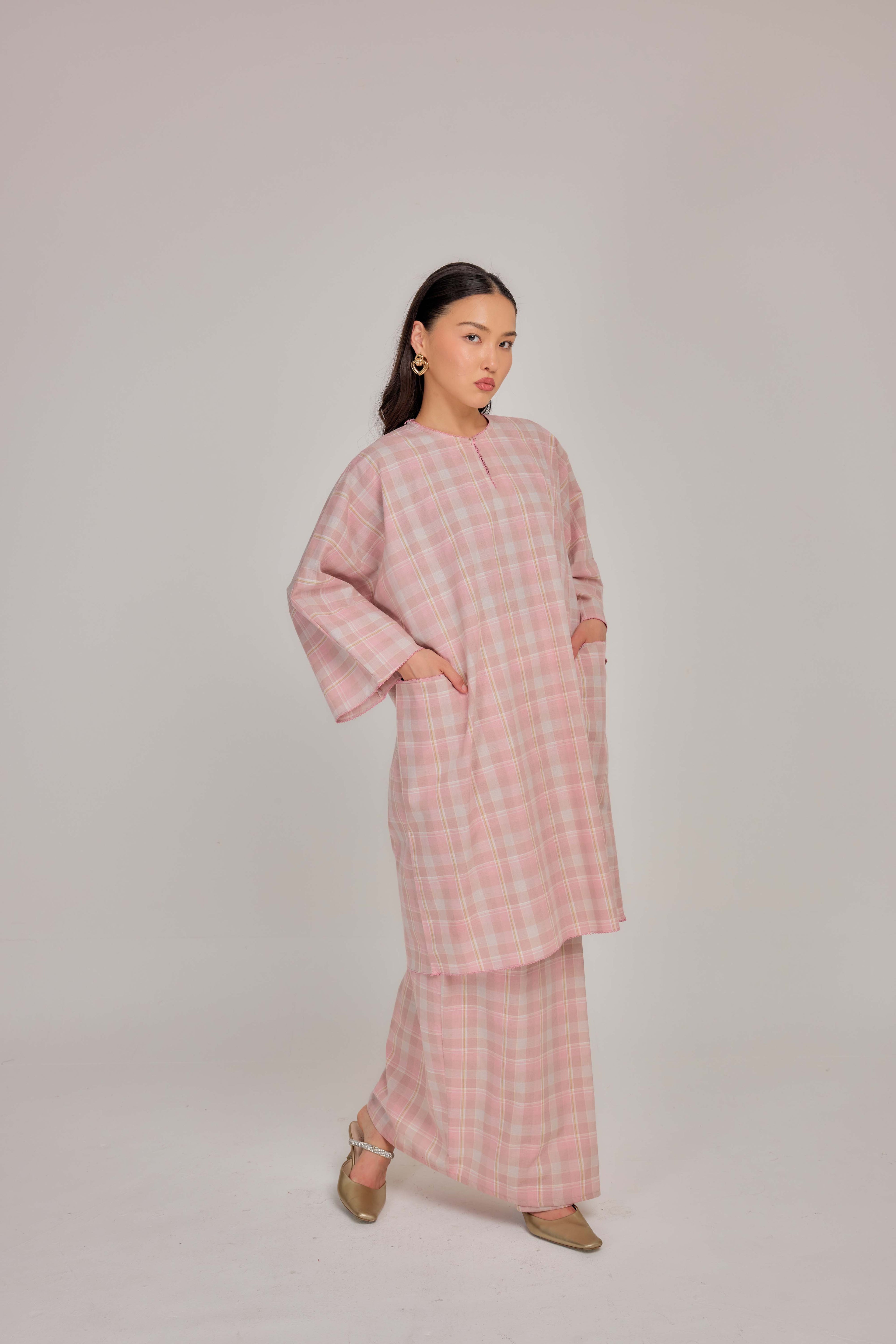 01 - Pink Nougat - Relaxed Plaid Cotton Two-Piece Set