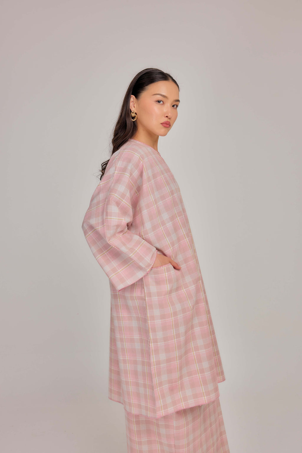 01 - Pink Nougat - Relaxed Plaid Cotton Two-Piece Set