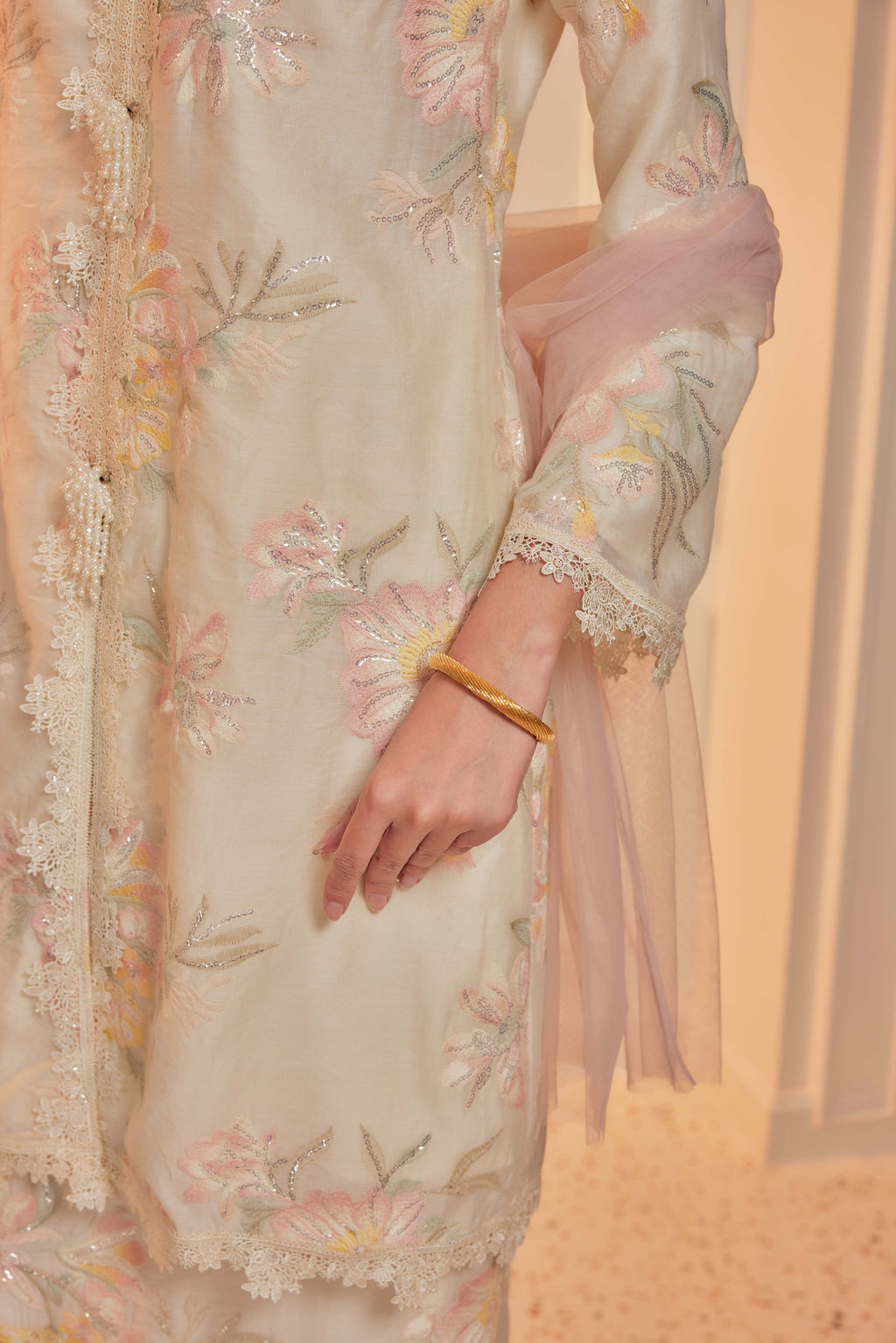 Ivory Cream - Embun Sulam Kurung with 3-Piece Pearled Brooch Set (Fully Lined)