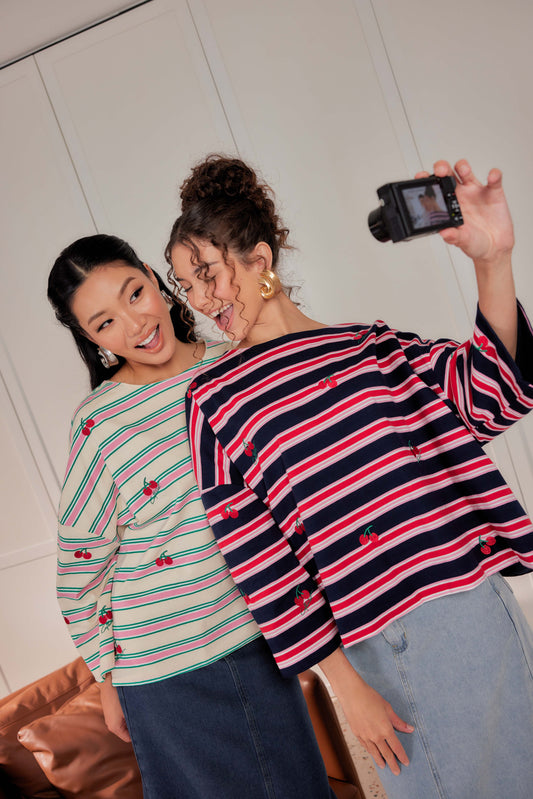 Striped Embroidered Cotton Relaxed Reversible Tee