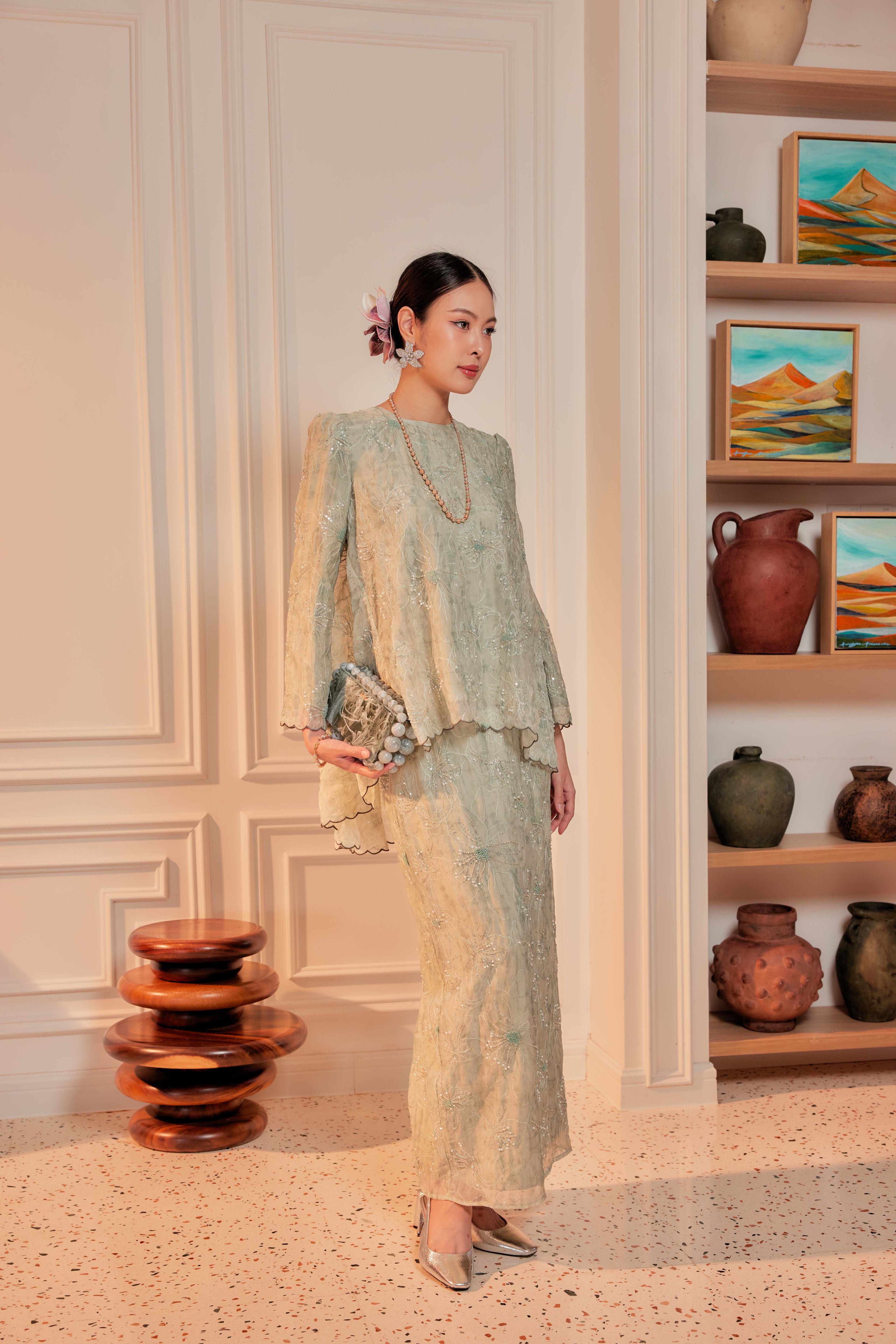 Sage Matcha - Nona Pearl Beaded Embellished Kurung (Fully Lined)