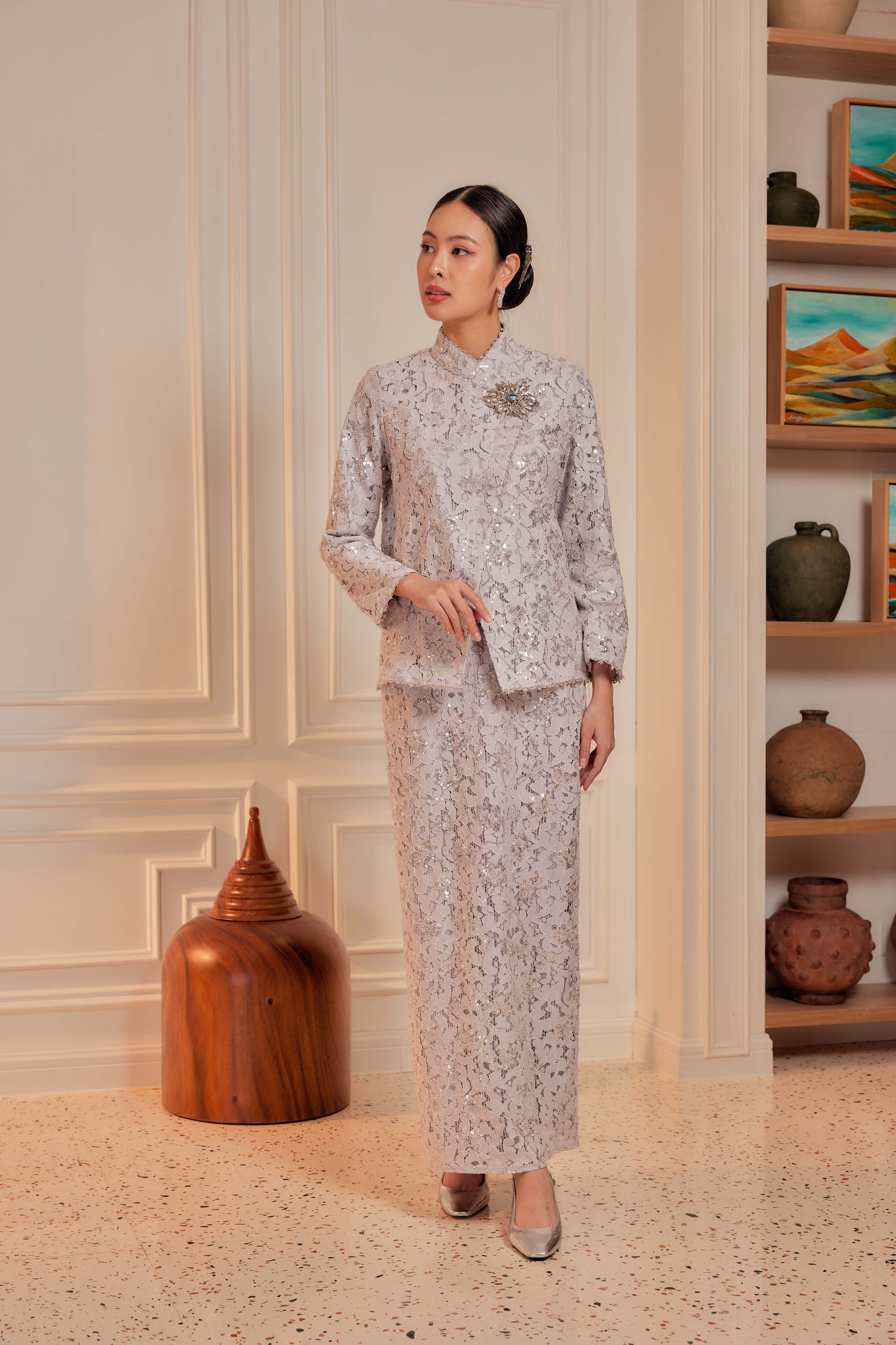 Silver Lilac - Janggan Beaded Lace Kebaya (Fully Lined)