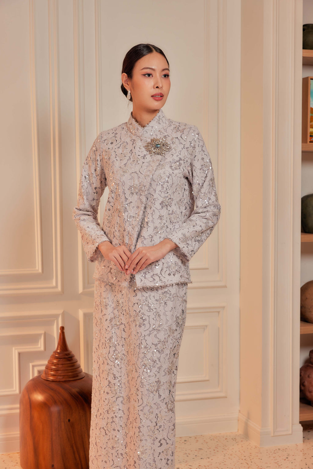Silver Lilac - Janggan Beaded Lace Kebaya (Fully Lined)