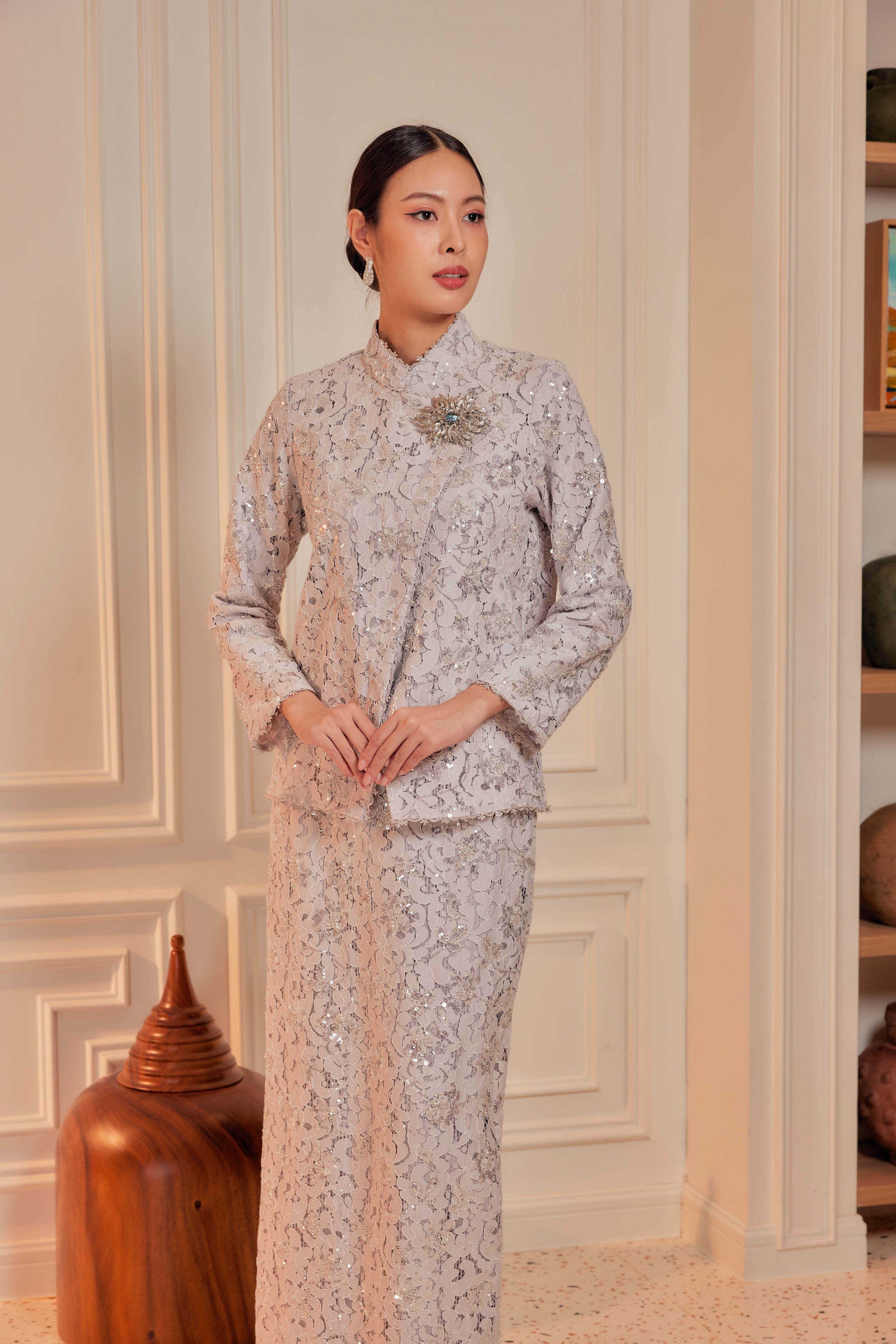 Silver Lilac - Janggan Beaded Lace Kebaya (Fully Lined)