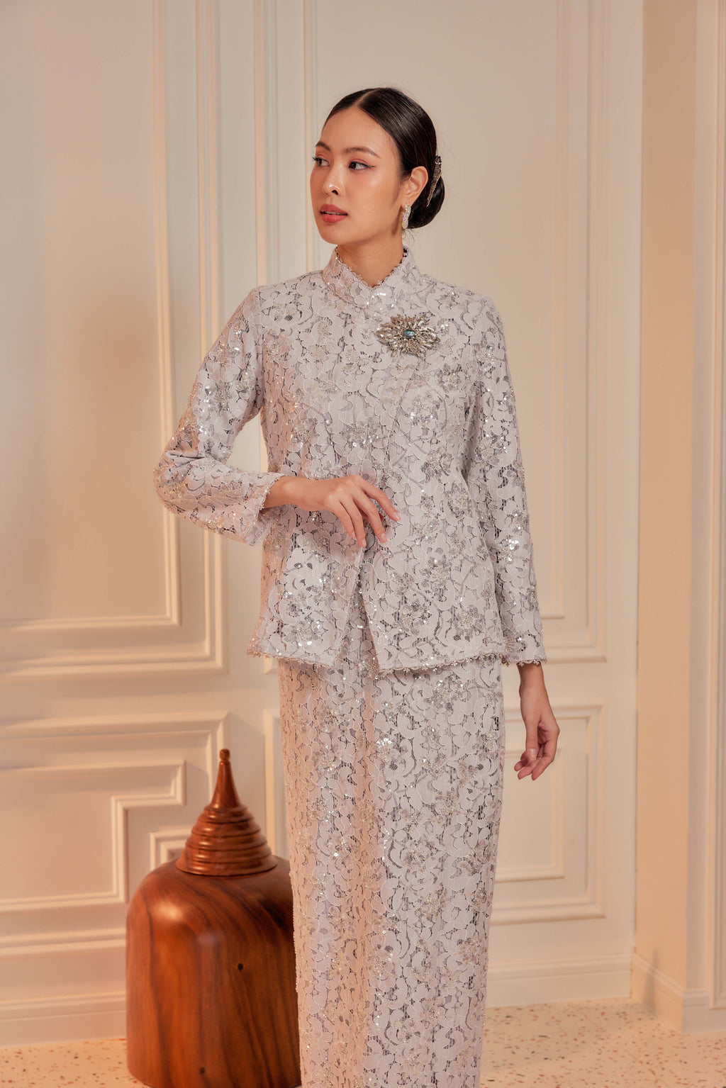 Silver Lilac - Janggan Beaded Lace Kebaya (Fully Lined)
