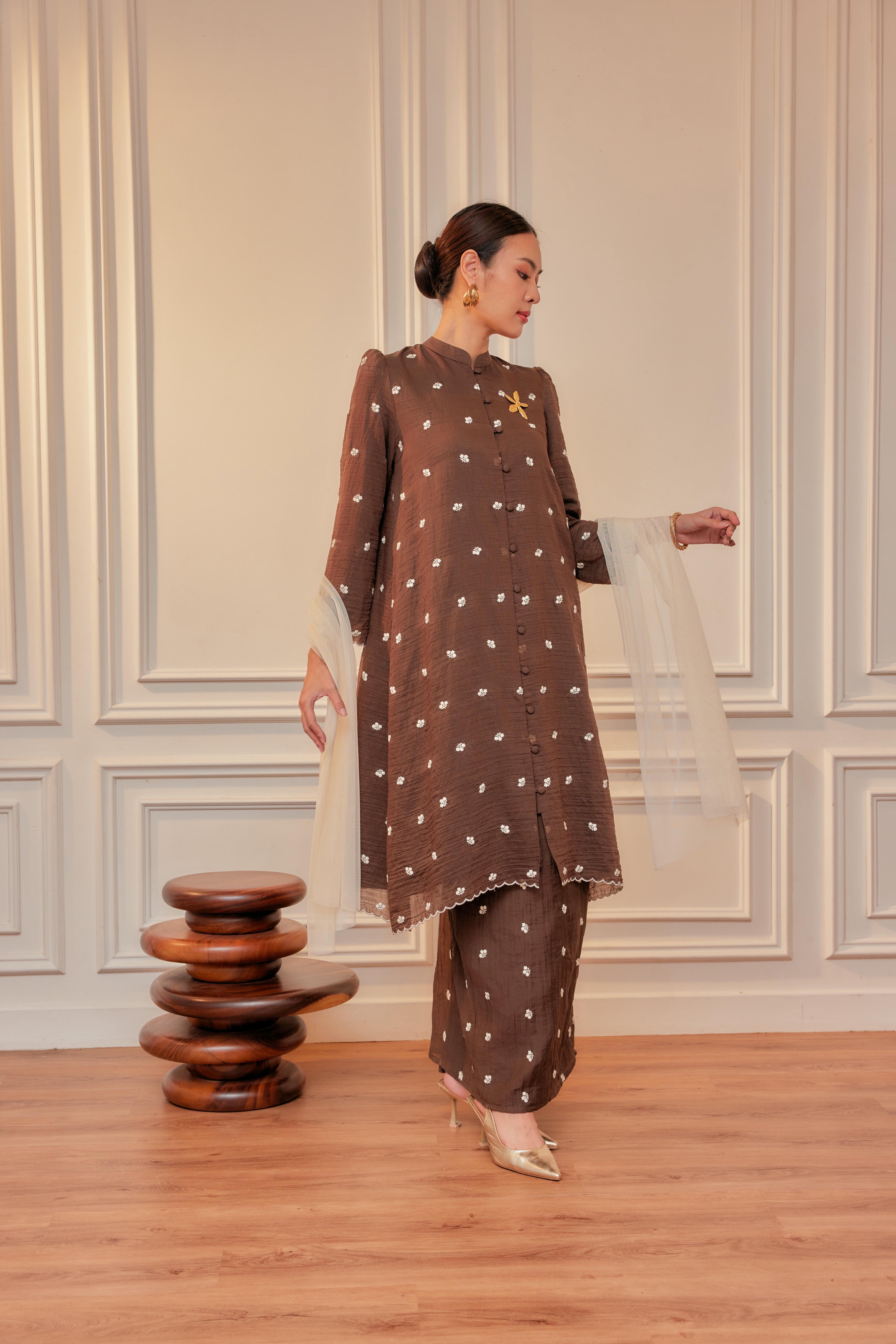 Dewita Floral Embroidered Kebarung with Front Buttons Set (Full Lining)