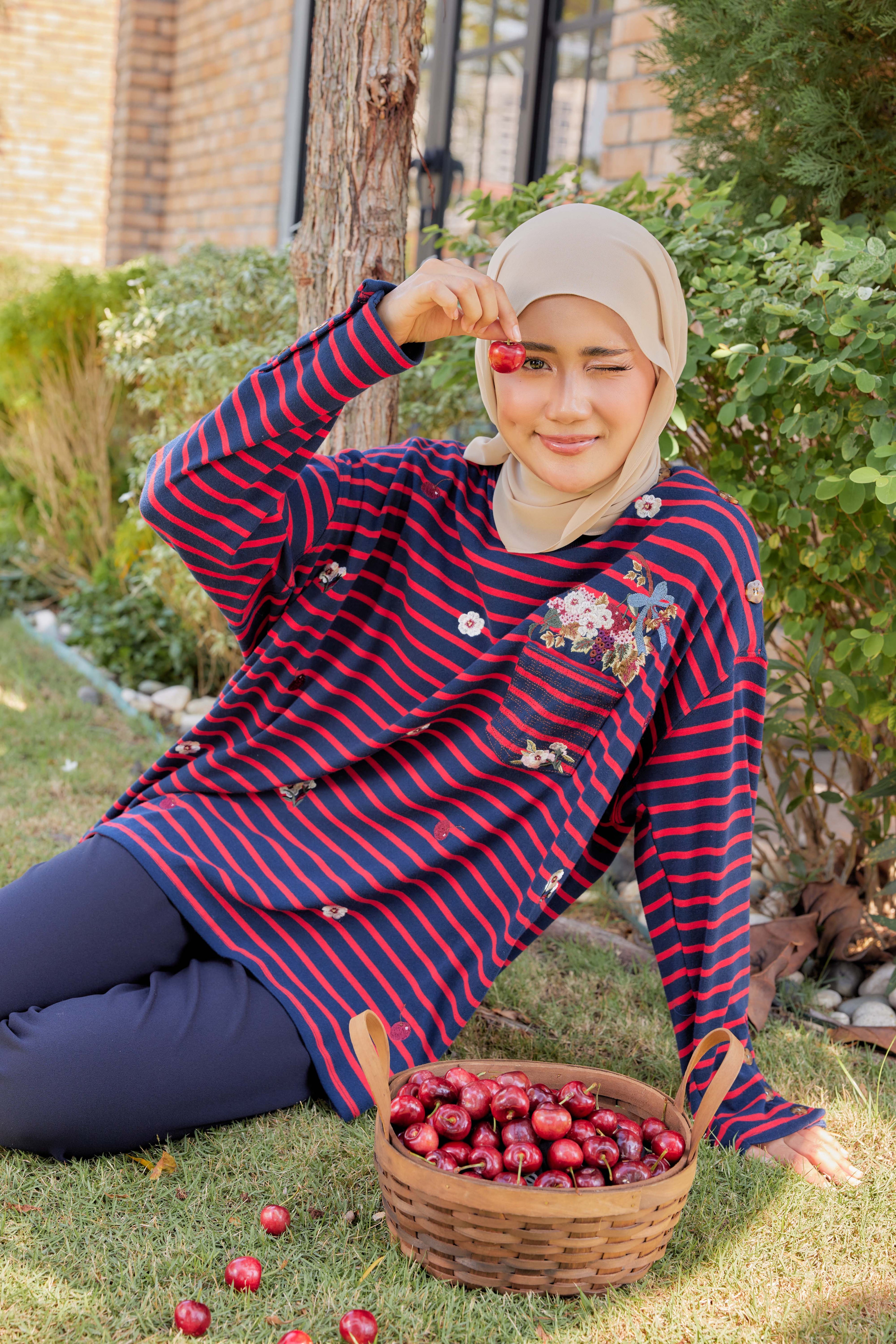 [PREORDER] Fleuriste Embroidered Cotton Tee with Signature Buttons — Midnight Cherry Stripes
