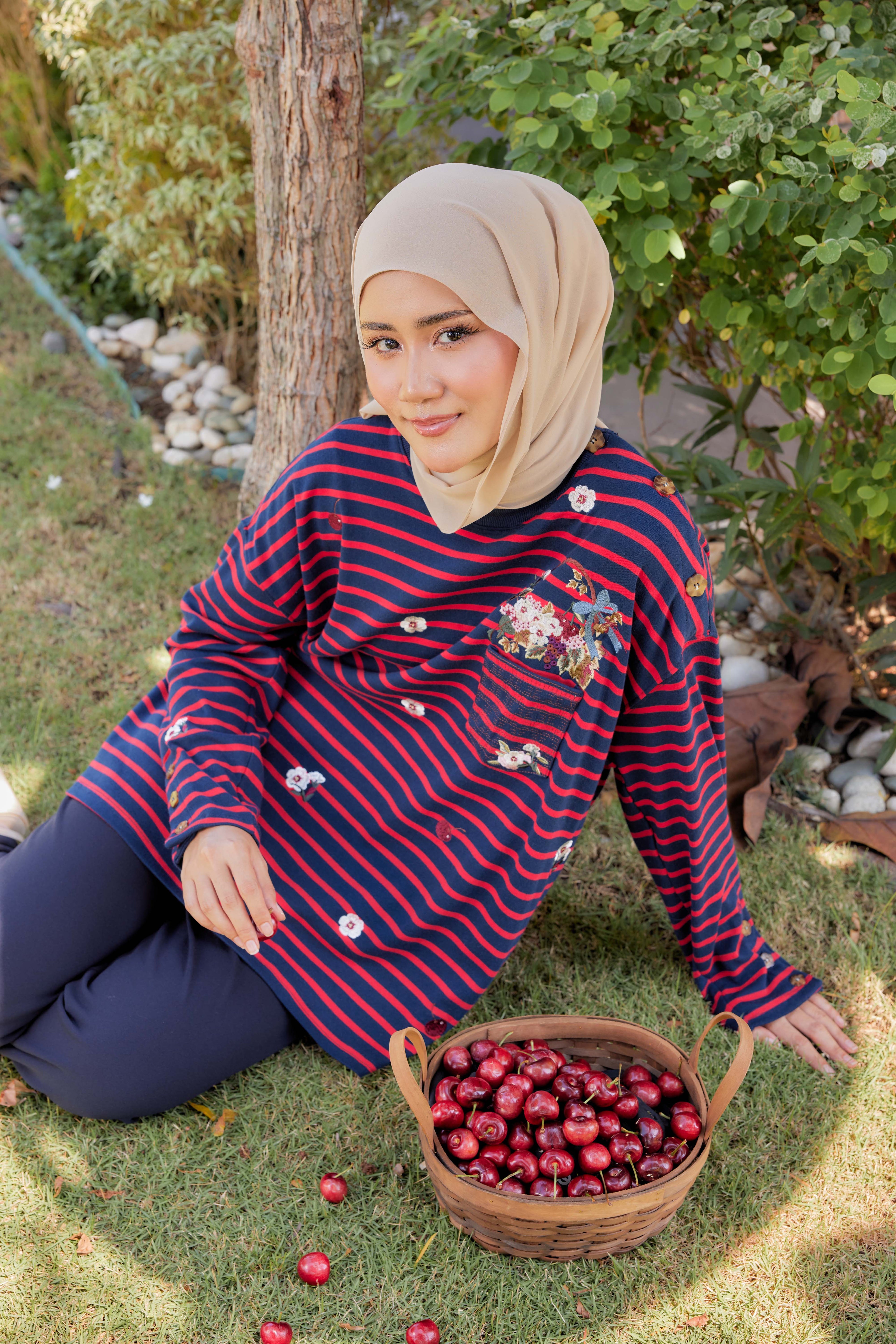 [PREORDER] Fleuriste Embroidered Cotton Tee with Signature Buttons — Midnight Cherry Stripes