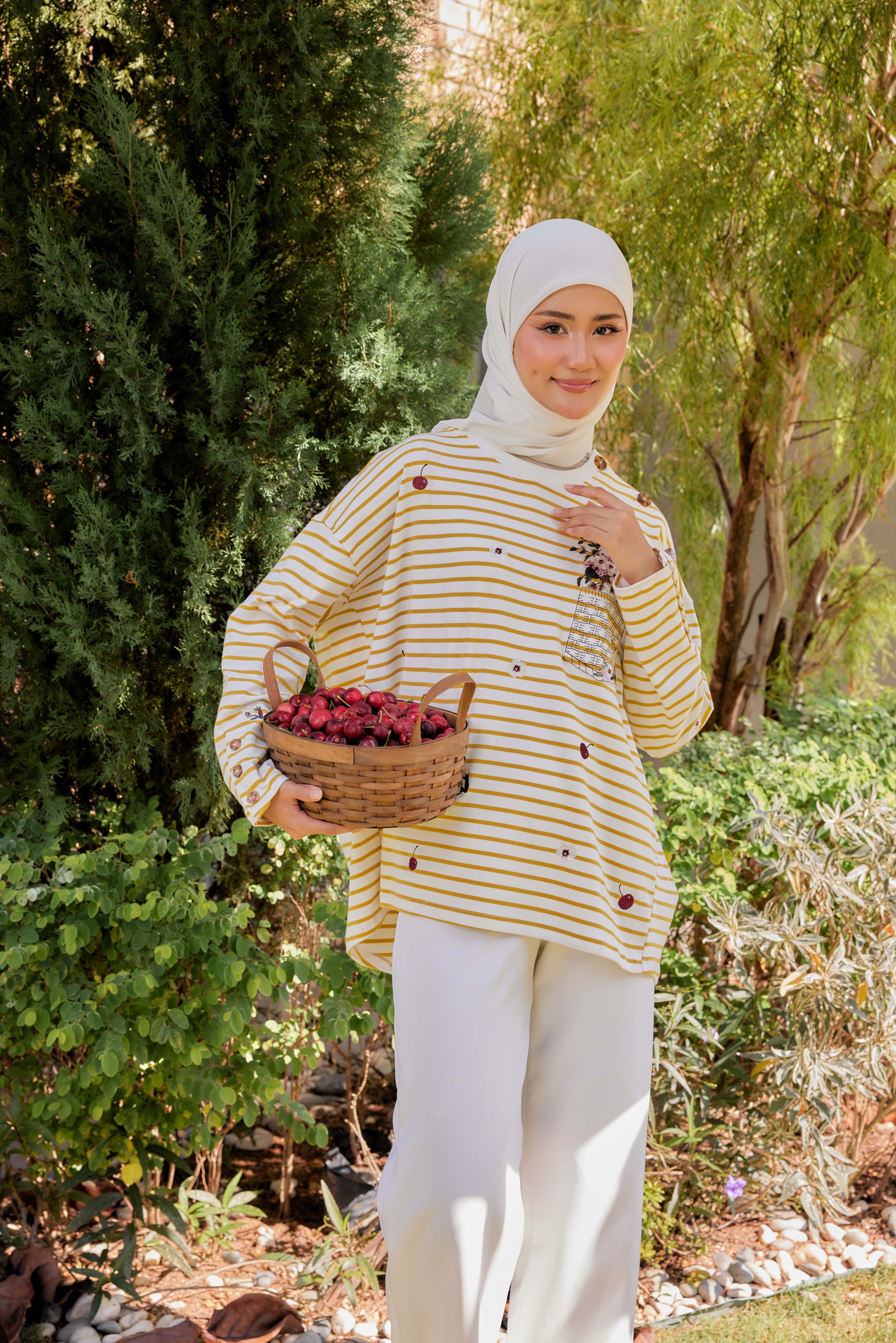 [PREORDER] Fleuriste Embroidered Cotton Tee with Signature Buttons — Butter Yellow Stripes