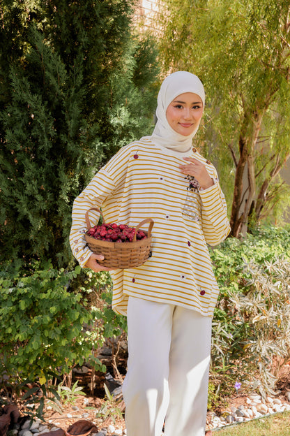 [PREORDER] Fleuriste Embroidered Cotton Tee with Signature Buttons — Butter Yellow Stripes