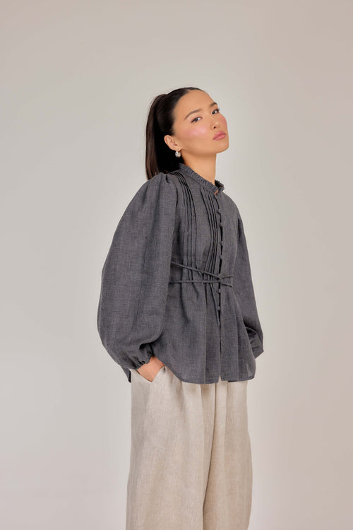 03 - The Daydream Tie-Waist in Tahitian Pearl Micro-Check Weave Pure Linen Top