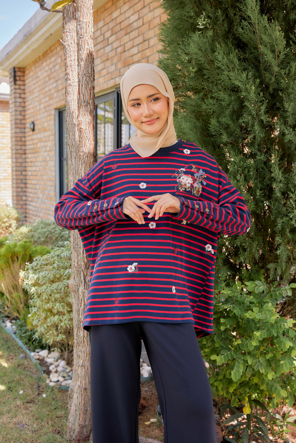 [PREORDER] Fleuriste Embroidered Cotton Tee with Signature Buttons — Midnight Cherry Stripes