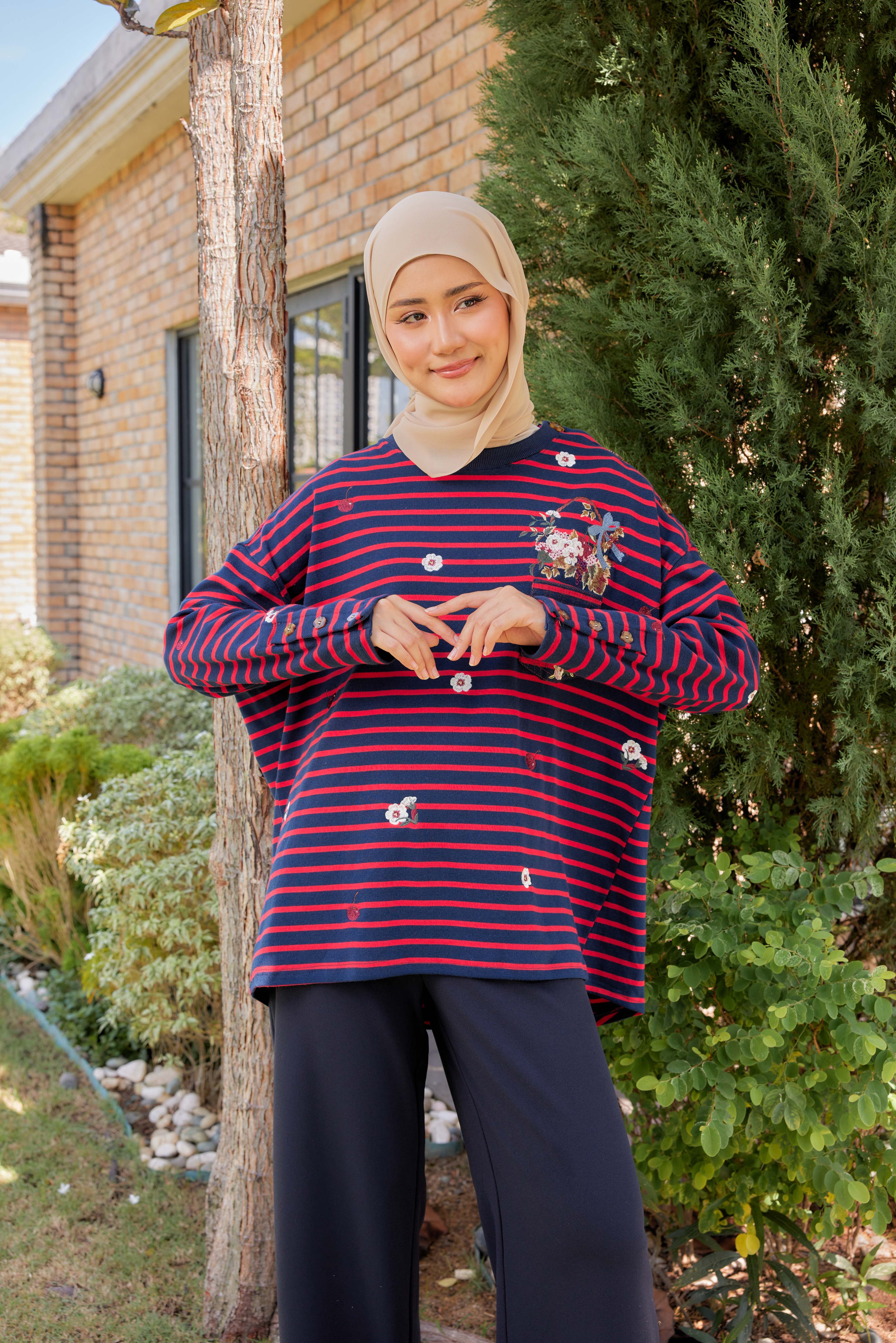 [PREORDER] Fleuriste Embroidered Cotton Tee with Signature Buttons — Midnight Cherry Stripes