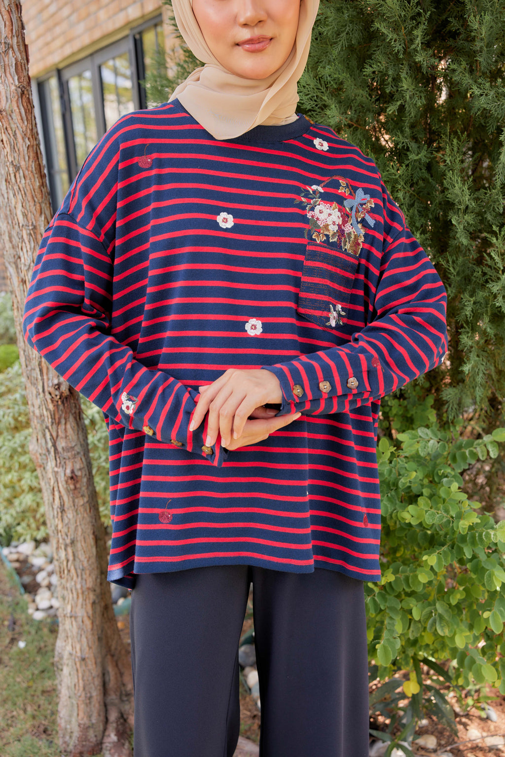 [PREORDER] Fleuriste Embroidered Cotton Tee with Signature Buttons — Midnight Cherry Stripes