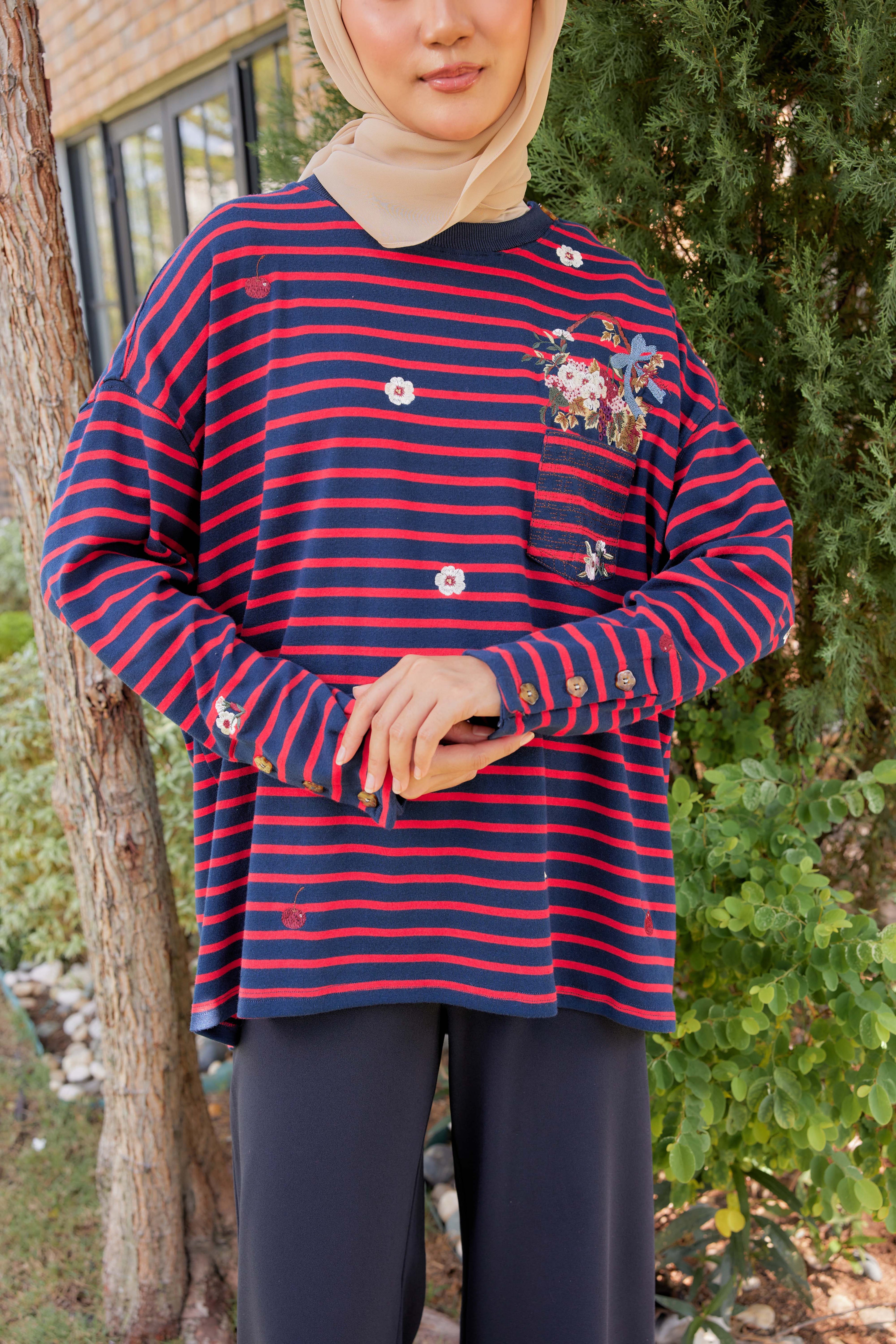 [PREORDER] Fleuriste Embroidered Cotton Tee with Signature Buttons — Midnight Cherry Stripes