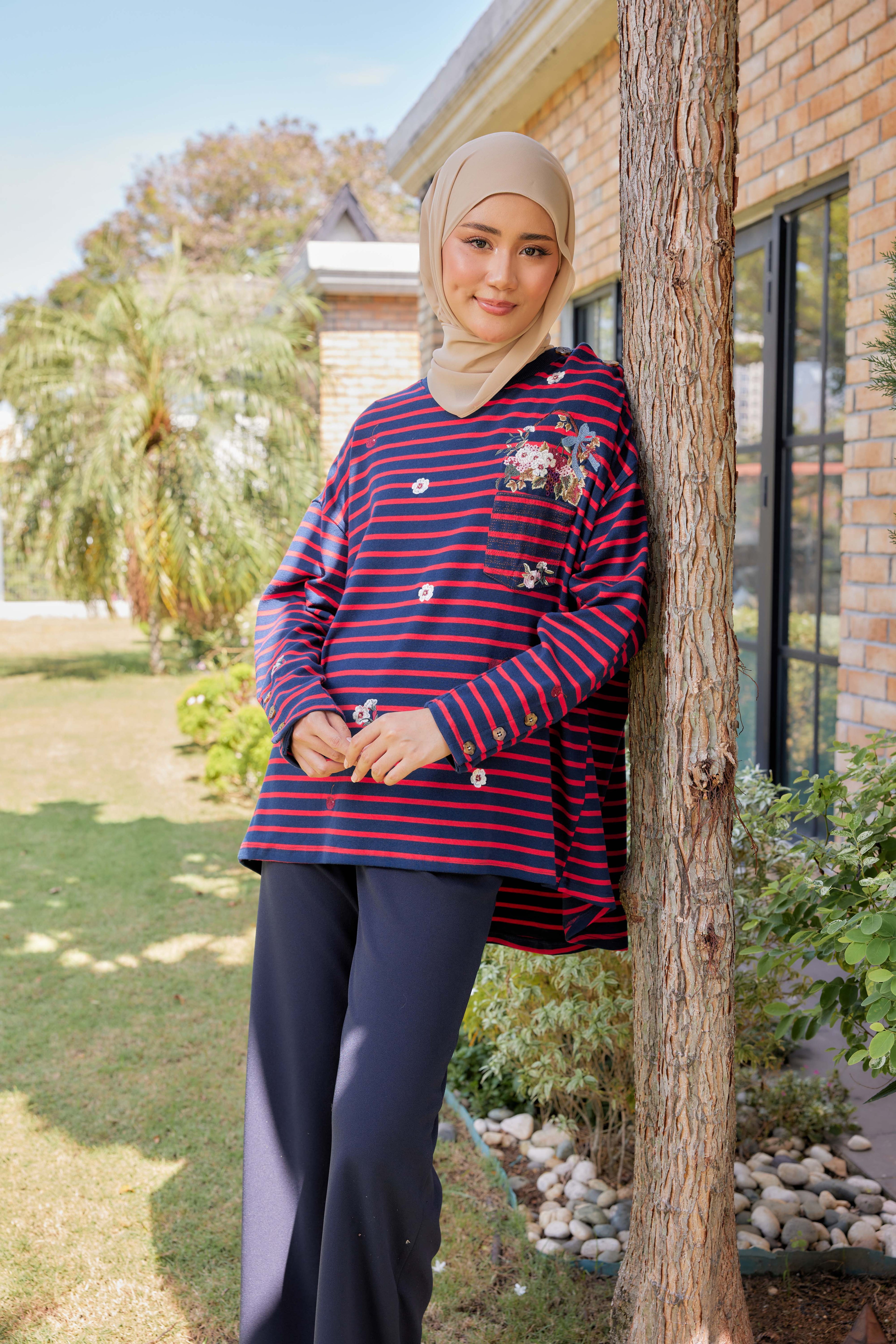 [PREORDER] Fleuriste Embroidered Cotton Tee with Signature Buttons — Midnight Cherry Stripes