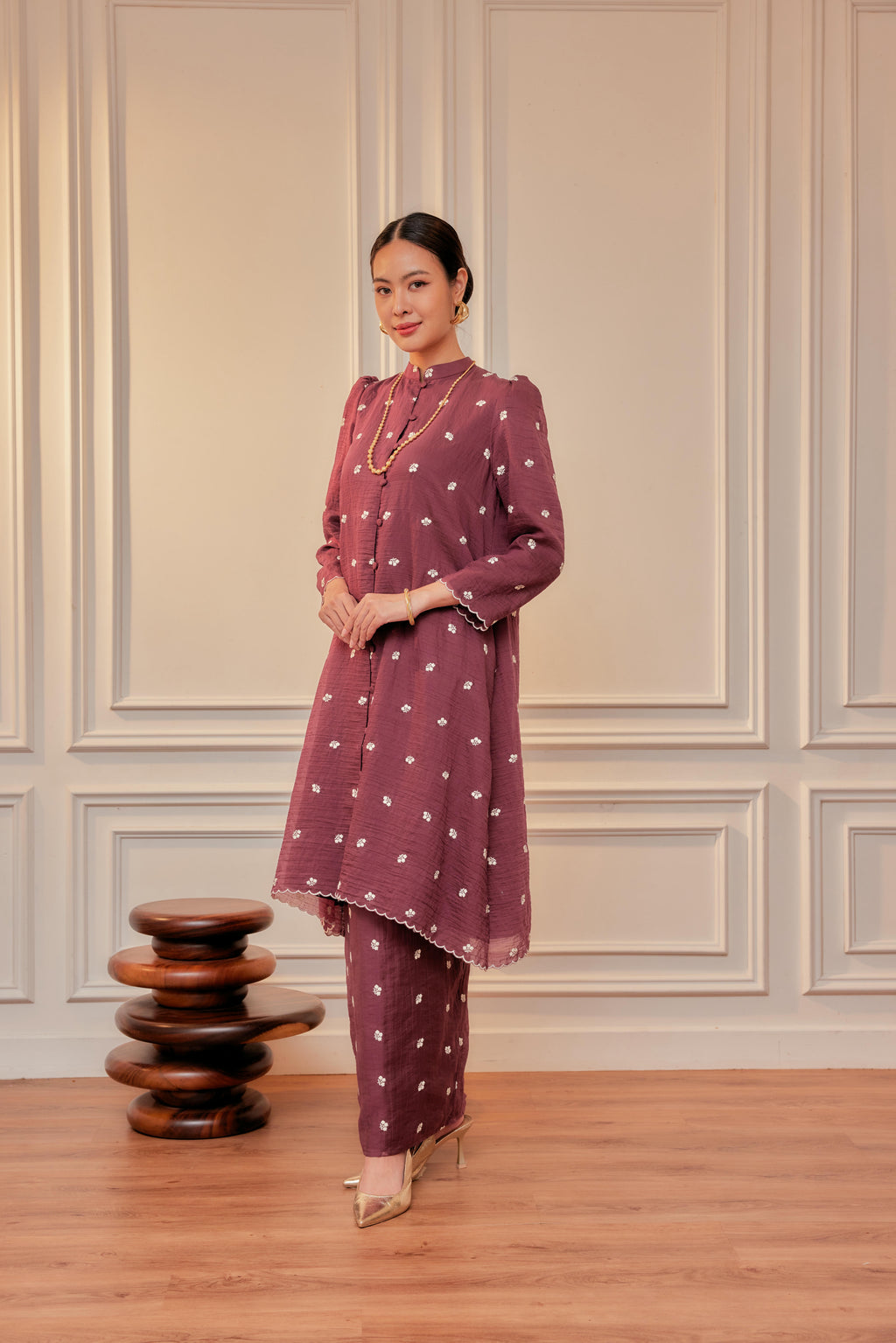 Dewita Floral Embroidered Kebarung with Front Buttons Set (Full Lining)