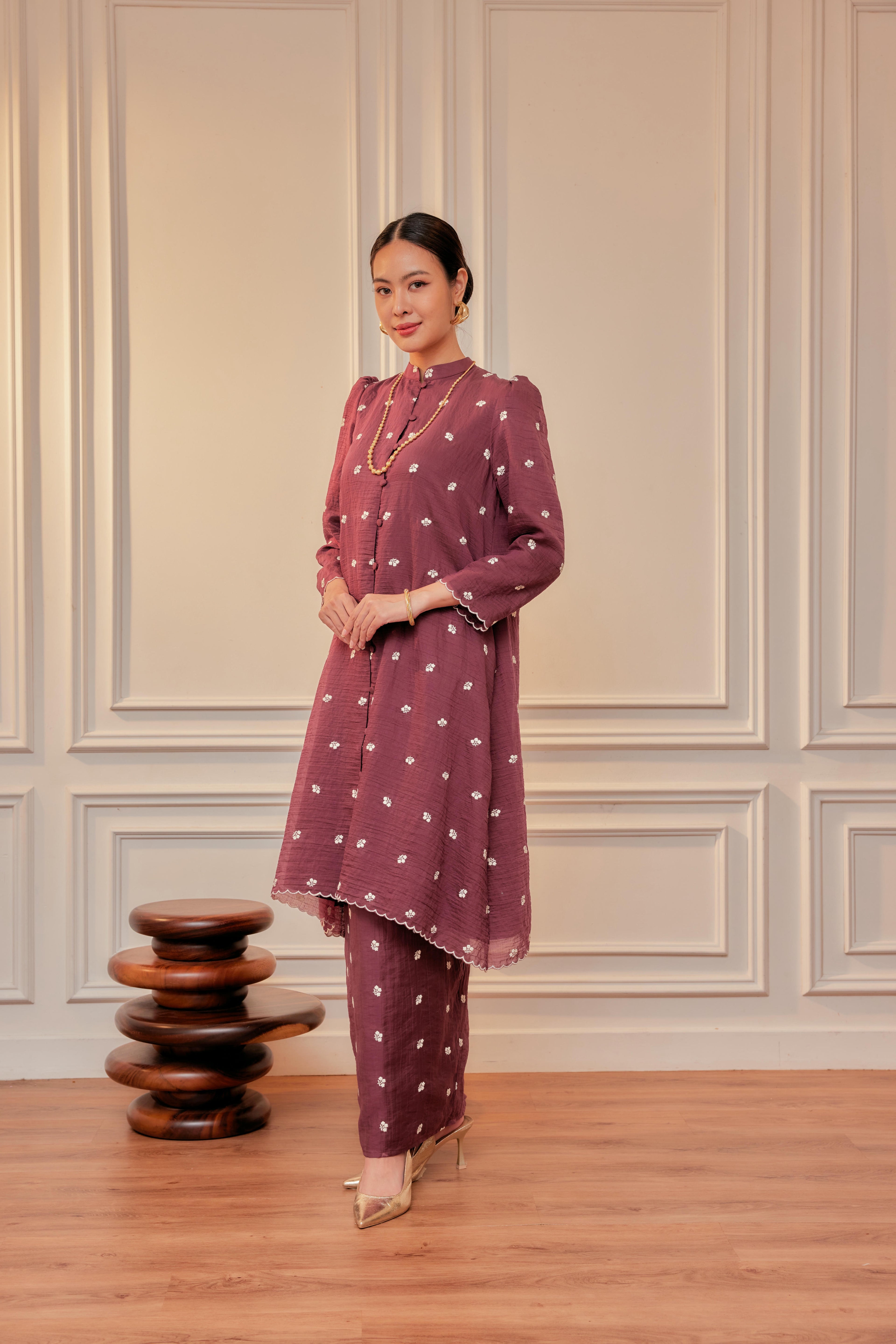 Dewita Floral Embroidered Kebarung with Front Buttons Set (Full Lining)