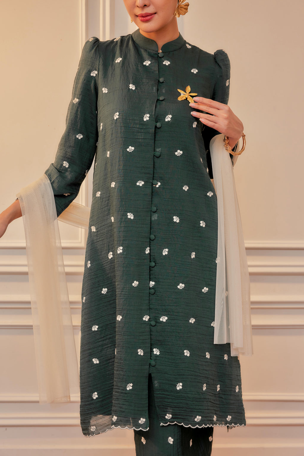 Dewita Floral Embroidered Kebarung with Front Buttons Set (Full Lining)