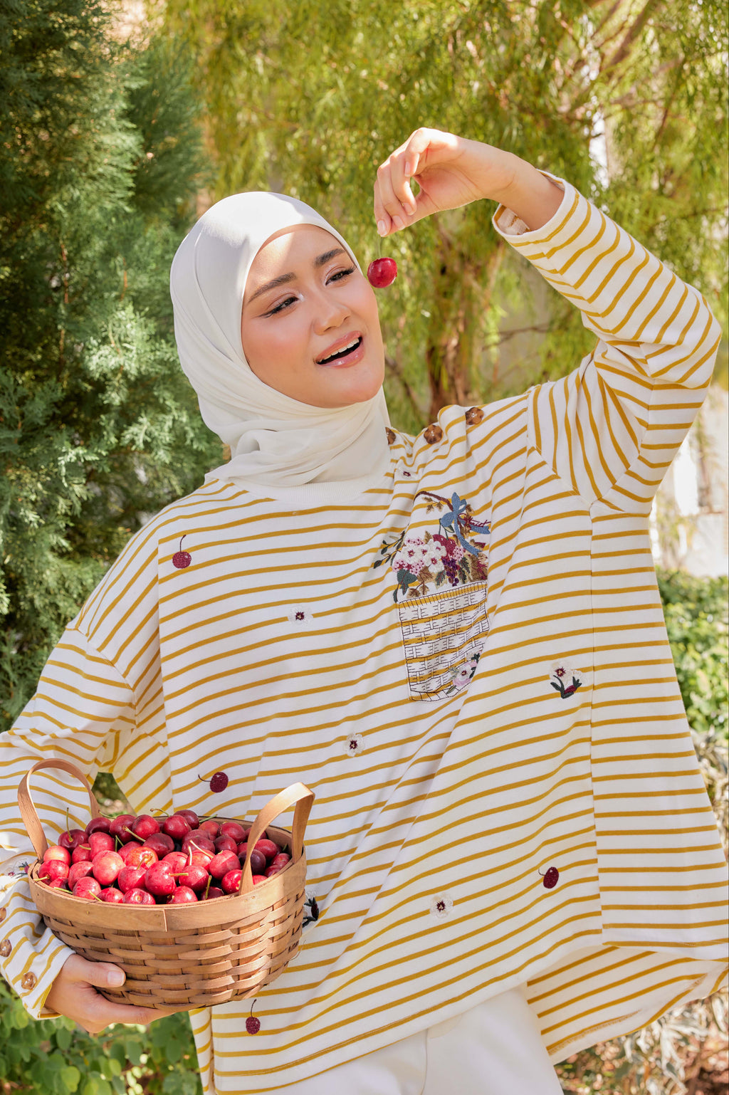 [PREORDER] Fleuriste Embroidered Cotton Tee with Signature Buttons — Butter Yellow Stripes