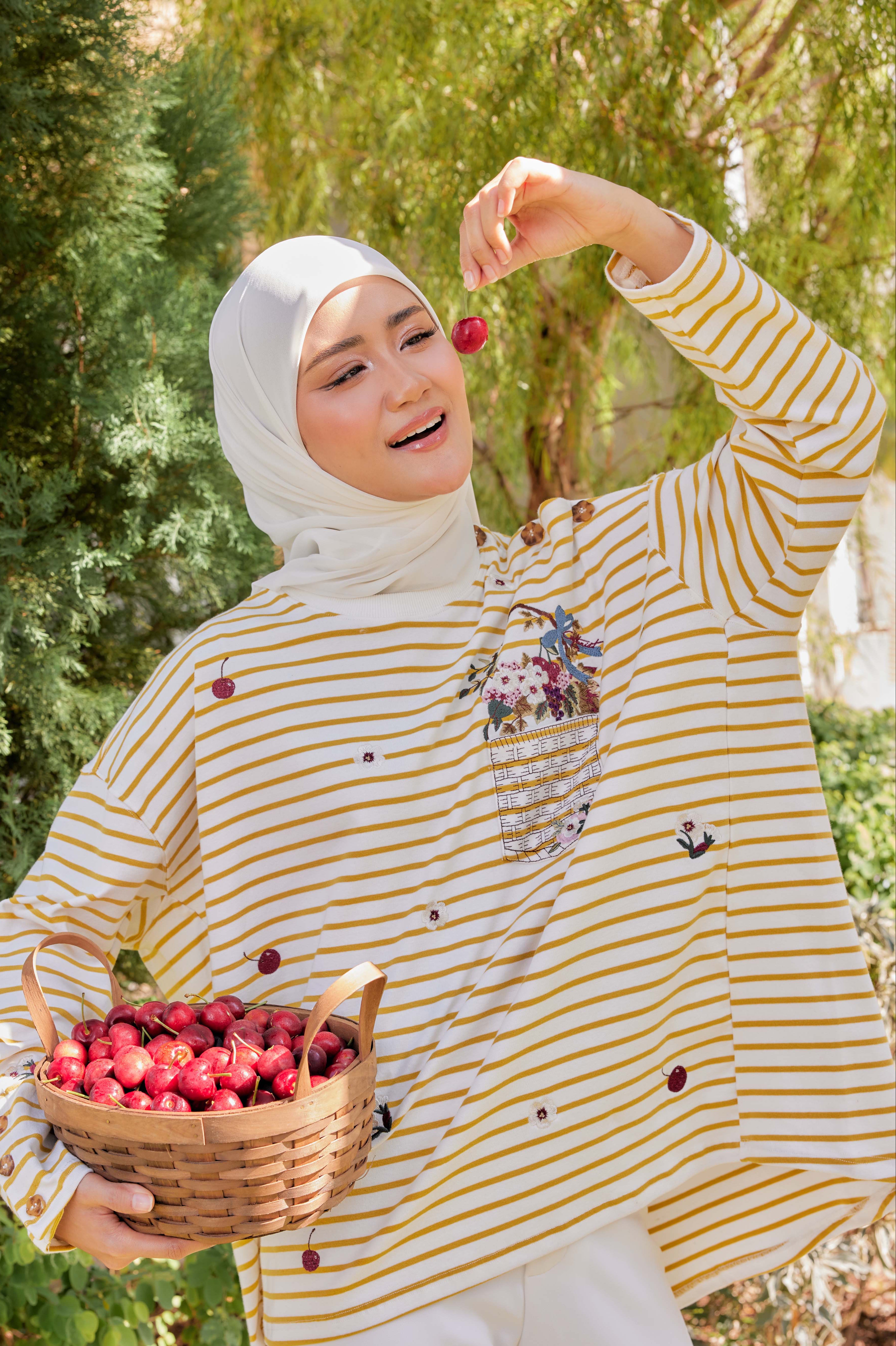 [PREORDER] Fleuriste Embroidered Cotton Tee with Signature Buttons — Butter Yellow Stripes